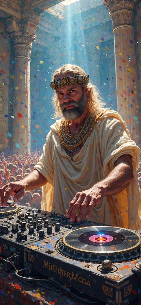 Zeus playing on a DJ table for the gods of olympus at a favela dance