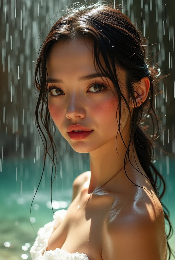 masterpiece of ExtremelyDetailed (ProfessionalPhoto of Stunning women:1.4) Looking at Sky, (((Downpour))), BraidHair with bun, (Joyful Expressions LifeLike Rendering), ((Extremely detailed beautiful face and eyes, ElaboratePupils with sparkling highlights)) BlushAhegao SmoothArmpit LiquidSoap WhiteBubbles (((WetHair)))  BREAK  (Acutance:0.85), PUNIPUNI (((AudreyHepburn))), Beltbra with Skinny panties, (Torrential Rain:1.4) (SparklingDrops:1.28) {Overflowing HUGE Underboob|Overflowing WaterDrops|Overflowing water}((({WetSkin|WetFace|WetHair}:1.37))), (SFW), HiddenHands, MotionBlur (BokeH:1.4), (no extra limbs), (no extra eyebrow), {Mystical Sight | ((Dazzling RainbowColor reflections and particles)) | ((Sky Looking Posing FullBody))|(((DynamicAngle)))}, FlowerHairpin, Full of flowers, Overflowing Flowers , (((Glowing body:1.37)))