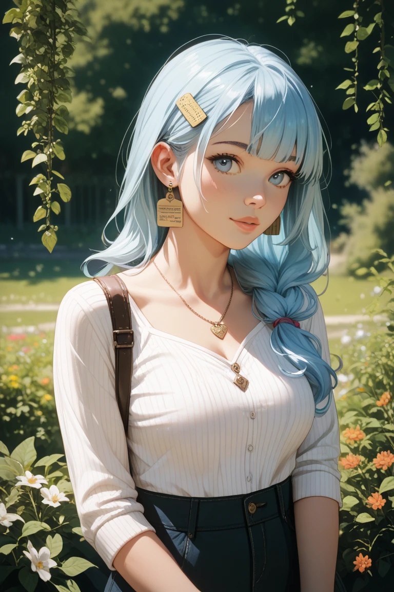 1 girl, bright blue hair, orange sweater, outdoor, long hair, breasts, smile, detailed face, beautiful detailed eyes, beautiful detailed lips, extremely detailed eyes and face, long eyelashes, (best quality, 4k, 8k, highres, masterpiece:1.2), ultra-detailed, (realistic, photorealistic, photo-realistic:1.37), portraiture, vibrant colors, natural lighting, warm tones, large breast, sensual Perfect body.