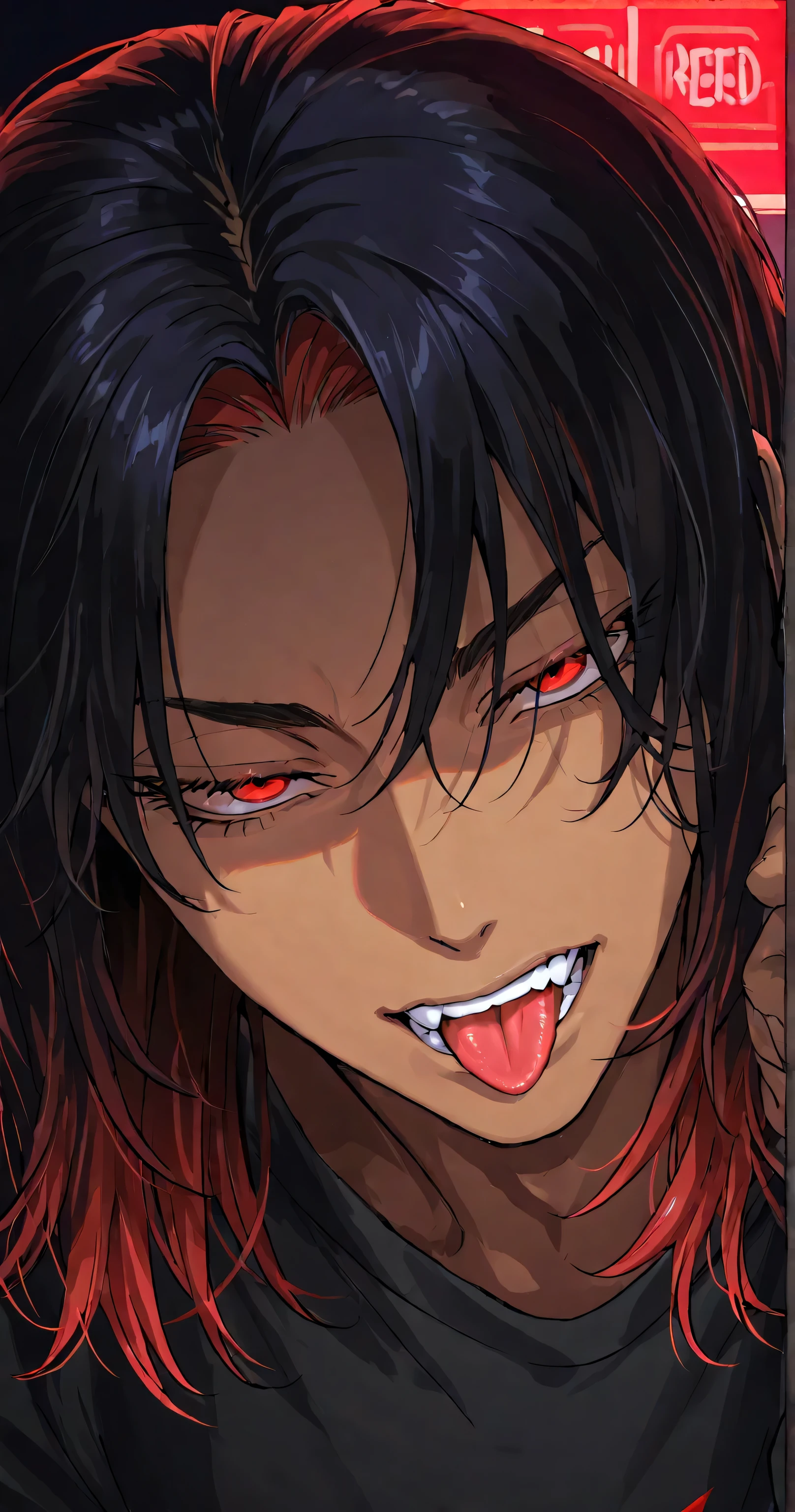 1 man, fit, very handsome, wavy black hair, one line of red hair, middle part hair, medium length hair, seductive, eyelashes, devil red eyes, red eyes, cold eyes, light brown skin, neon red lighting, mouth open, teeth, tongue out, face close up, detailed, masterpiece