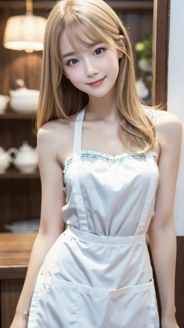 (8K, RAW Photos, Highest quality, masterpiece:1.2), Super detailed, Ultra-high resolution, (Realistic, Photorealistic:1.37) , High-definition RAW color photos, Professional photos, Very delicate and beautiful, Very detailed, 8k wallpaper , (Beautiful and detailed eyes:1.1),(Beautifully detailed face:1.1),Anatomically correct body shape , Fine and beautiful skin,Skin Texture ,looking at viewer,Full Body Shot,Natural light , 1 person , woman , Japanese , 20-year-old , E cup bust , Slim waist , , Shiny Hair ,(long hair,Blonde Hair:1.1) , Shy Smile , (naked pink lace apron:1.25) , , , , ,(Showcasing armpit:1.1) ,standing,(Showcasing cleavage:1.25) , Sharp focus , The background is a realistic kitchen
