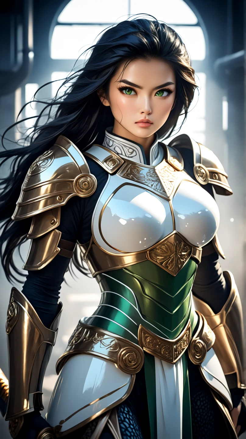 In the martial arts arena of the Colosseum in Greece、Martial Arts Tournaments、Saint Seiya、Beautiful One Girl、huge-breasted、cleavage of the breast、beauty legs、(((He wears futuristic combat armor that shines in metallic green)))、((Metal Armor))、Dragon's Helmet、((Scream))、((exclamation))、((fighting poses))、8k, top-quality, （pubic hair beauty）、hight resolution, 逼真, realperson,