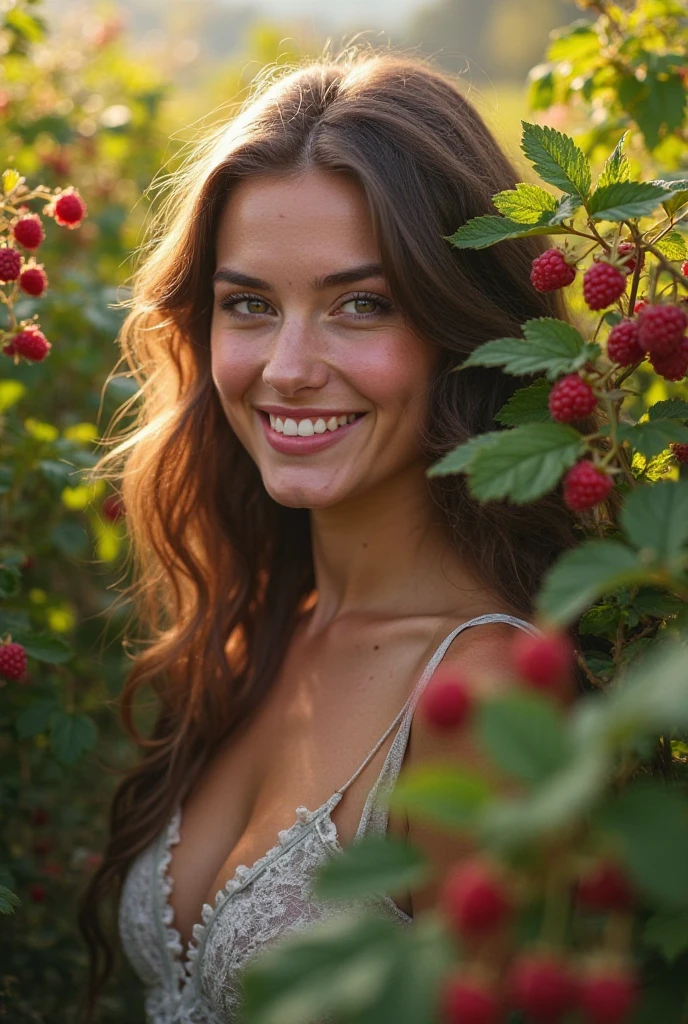 ((hyperrealistic, photorealistic, 8k, intricate details)) 1 attractive brunette woman (hot), beautiful peasant, 20 years old, fleshy lips, large breasts, face with small freckles, silky skin, blue eyes (sparkle in the eye), curly hair, a light dress, is sweaty standing in front of a strawberry plantation during the day (sunny morning), next to a strawberry plantation and smiles (showing teeth), masterpiece, best quality, ultra detailed, solo, outdoor (warm hue, warm tone): 1.2), close-up, cinematic light, soft side lighting, ultra high resolution, best shade, RAW, upper body, harvesting.