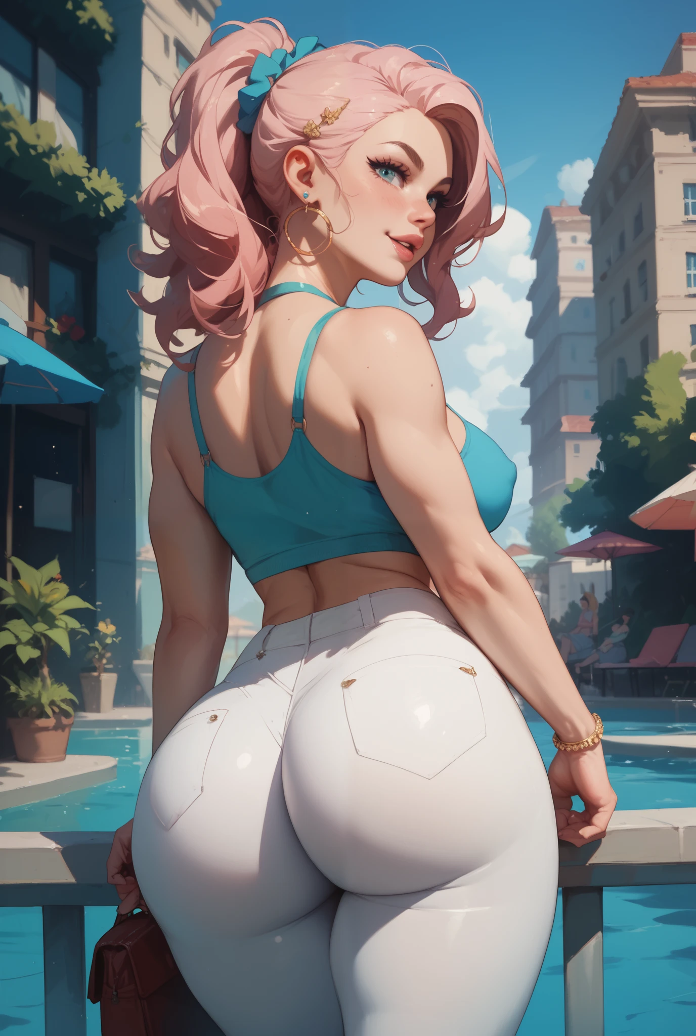 Best quality, solo mature woman, giant breasts, giant ass, very curvy, low ponytail curled at the ends, aqua green eyes, full lips, seductive, smiling, pink frilly slevee top, tiara, tight leggings, sun necklace, sun earring, thick thighs, curvy physique