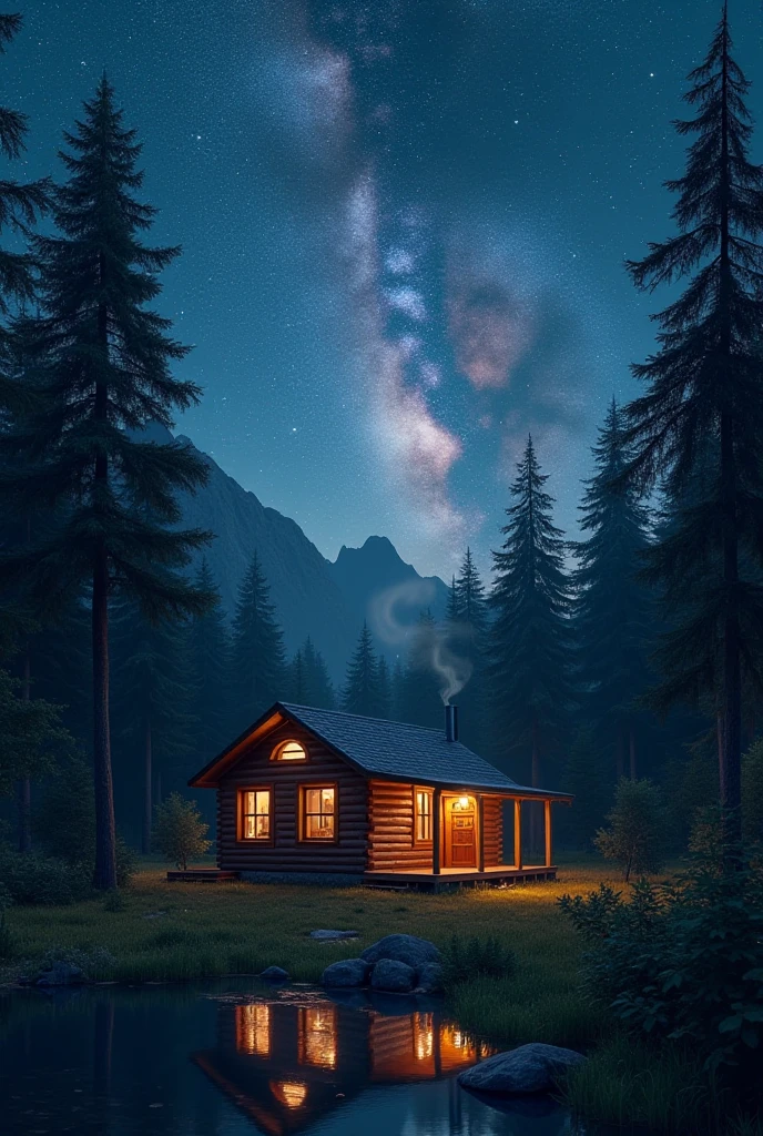 Masterpiece, Best Quality, Wallpaper, HDR, High Quality, HD, Very Detailed, night scenery, at night, stars in the sky, forest, cabin, woman taking bath in the background