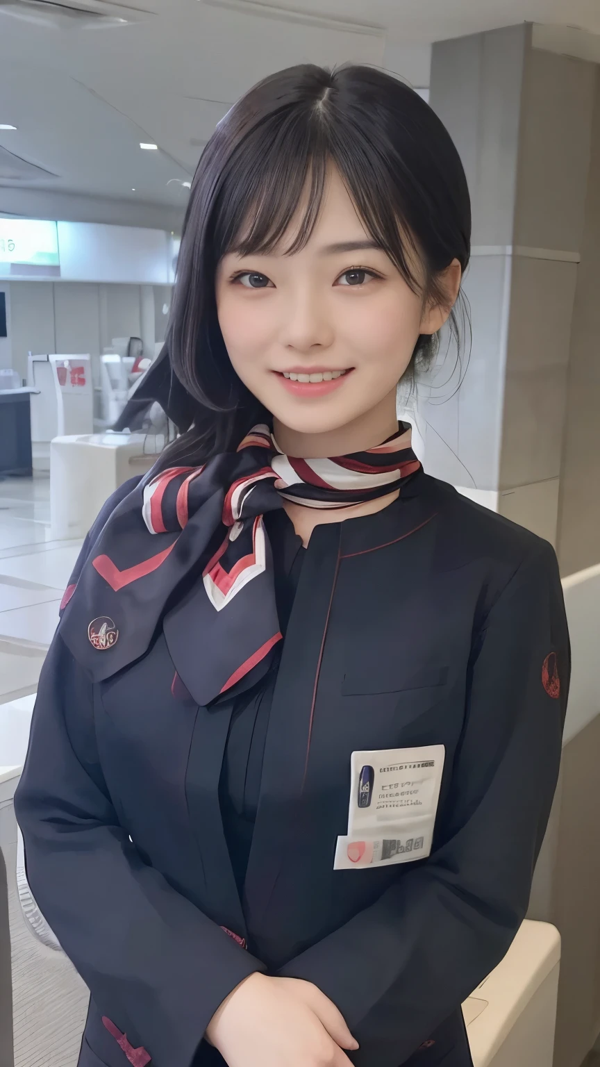 (masterpiece:1.2、Best Quality:1.2)、32kHDR、Hi-Res、(alone、1 girl、 slim figure)、（ realistic style wearing JAL cabin crew）、 (At the airport counter, professional lighting)、A proper woman, beautiful face,、（ black JAL cabin crew ）、（Long sleeve JAL flight attendant ）、（ scarf wrapped around neck ）、、（ long hair upstyle 、bread）、dark brown hair、Long Hit、（（：2.0））、（（A harmonious body shape：1.5））、（（Normal limbs：2.0））、（（Usually refers to：2.0））、（（ Delicate Eyes：2.0））、（（Normal eyes：2.0））)、Beautiful position、smile