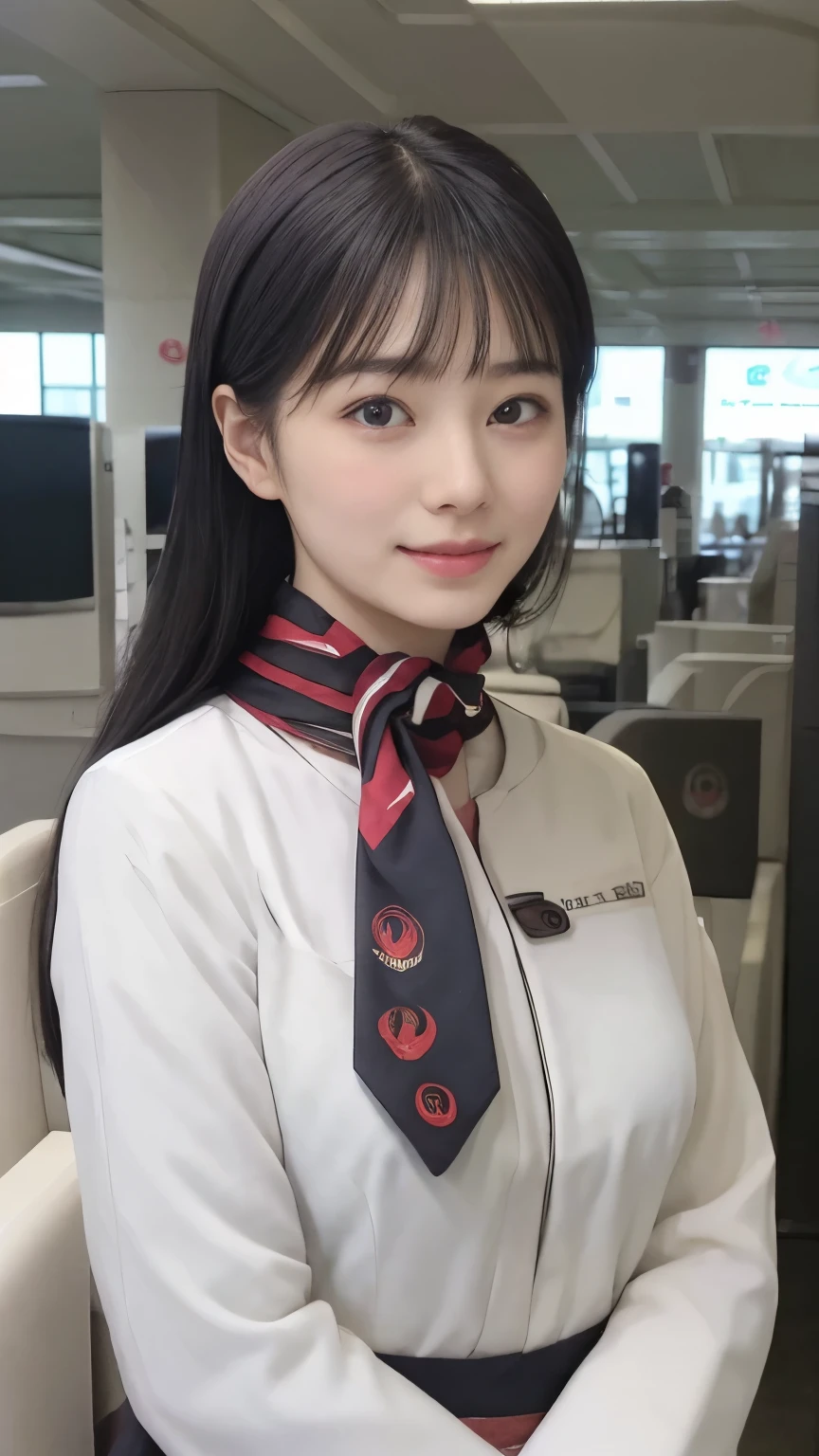 (masterpiece:1.2、Best Quality:1.2)、32kHDR、Hi-Res、(alone、1 girl、 slim figure)、( realistic style wearing JAL cabin crew)、 (At the airport counter, professional lighting)、A proper woman, beautiful face,、( black JAL cabin crew )、(Long sleeve JAL flight attendant )、( scarf wrapped around neck )、big breasts、( long hair upstyle 、bread)、dark brown hair、Long Hit、((:2.0))、((A harmonious body shape:1.5))、((Normal limbs:2.0))、((Usually refers to:2.0))、(( Delicate Eyes:2.0))、((Normal eyes:2.0)))、Beautiful position、smile