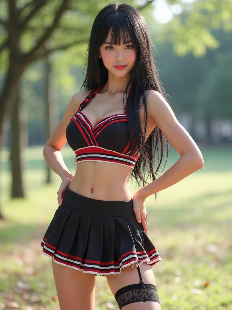 A 17-year-old Japanese girl with a very cute idol-like face.。Gentle and cute。Please smile kindly。She is a cheerleader at school Cheerleader uniforms are bikini-style and show off cleavage larger bust full body figure I put both hands on the ground Raw photo real genuine High definition real life No copyright notice
