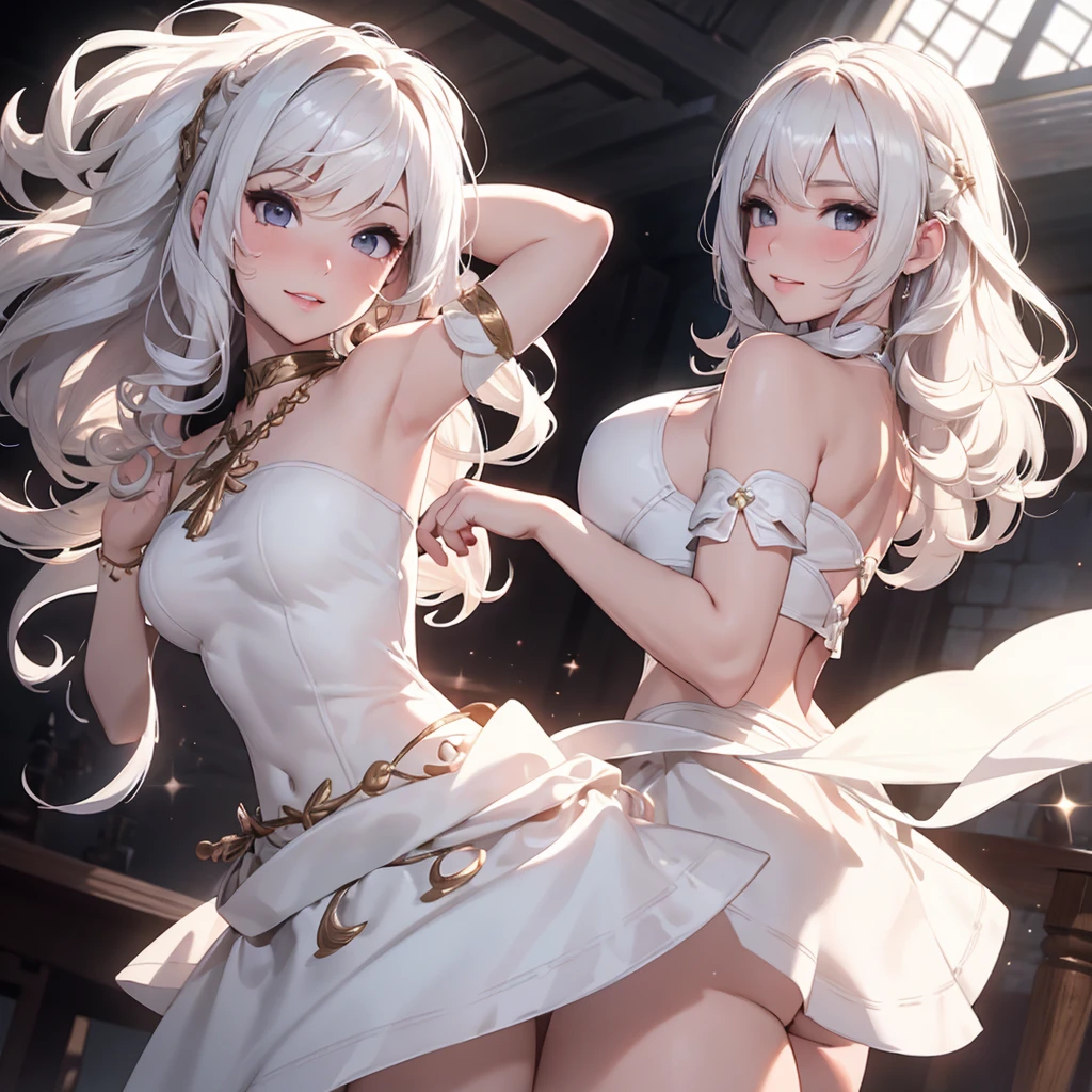 le malin azur lane, le malin, eyes symbol-shaped pupils, double bun, blue eyes, very long hair, hair bun, bow,white hair, sidelocks, blue hair ribbon, ribbon, BREAK white _dress, angel_wings, white_legwear, long sleeves, white dress, pleated dress, thighband pantyhose, BREAK garden, BREAK looking at viewer, (cowboy shot:1.5), BREAK (masterpiece:1.2), best quality,(((beautiful))), high resolution, (illustration:0.8), (beautiful detailed eyes:1.6), extremely detailed face, perfect lighting, extremely detailed CG, (((perfect hands, perfect anatomy))),