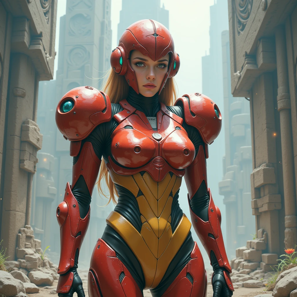 (medium full shot) of (agile futuristic soldier) young woman, normal build, extra long ginger hair, south african, dark skin, black eyes, wearing a stealth helmet with integrated mask, Plasma-infused red plated chest armor with energy core, exo-suit lower body armor, armored boots, pulse pistol, energy shield night vision goggles, set in Skydeck Lounge, High-rise rooftop bar with panoramic views of the city skyline, sleek minimalist furniture, a glowing dance floor, holographic cocktail menus, a DJ spinning beats amidst a sea of neon lights , at night, woman smiling, detailed face, ,Masterpiece,best quality, photo, realistic, very aesthetic,