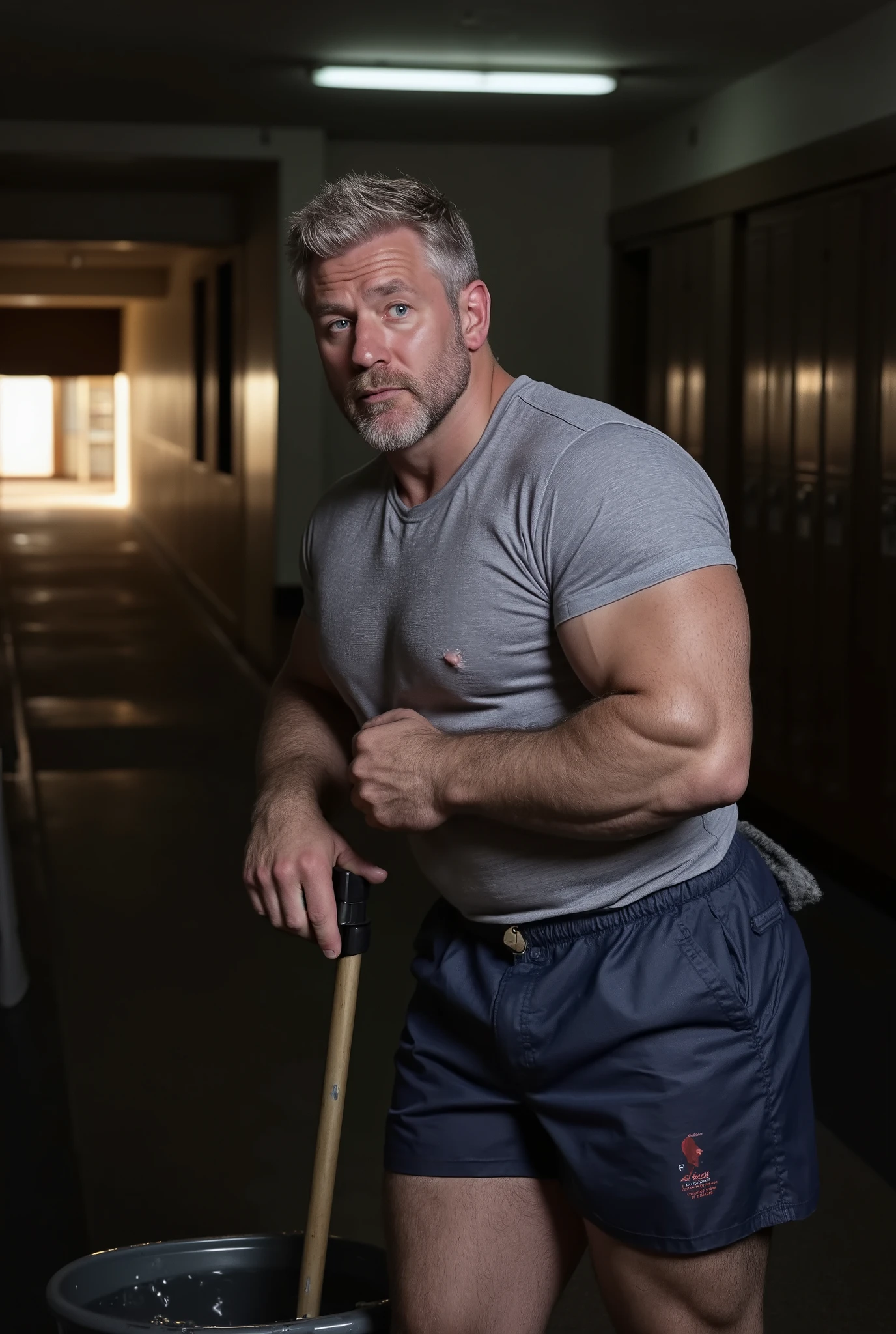 Masterpiece, Accurate, Award Winning, Best Quality, Extremely Detailed, 8K, HD, Super-Resolution, Dynamic Depth of Field, Photorealistic, Full Coloured, Realistic Skin and Hair Texture, ((a 35-year-old, rugged Australian school janitor with sun-kissed fair skin, strong angular jawline, high cheekbones, deep-set blue eyes, thick dark lashes, naturally arched brows, a straight well-defined nose, and full well-shaped lips, leaning against a mop in a quiet school hallway, taking a well-earned rest)). His ((very light blonde hair is slightly damp with sweat, tousled from a long day’s work, while a hint of stubble lines his chiseled face, adding to his rugged, hardworking appearance)). His ((snug, slightly worn grey work t-shirt clings to his broad chest and thick, veined forearms, while faded navy work pants sit low on his muscular hips, the fabric stretched over his powerful thighs)). His ((calloused hands grip the mop handle loosely, one resting on top while the other dangles by his side, his stance relaxed yet sturdy as he leans back against the janitorial cart, exhaling deeply, his gaze distant and reflective)). The school hallway is dimly lit and quiet, featuring ((polished linoleum floors reflecting the faint overhead lights, rows of lockers lining the walls, a mop bucket filled with soapy water nearby, and a distant open classroom door casting a warm glow into the empty corridor)). Shot on ((Canon EOS R5, RF 85mm f/1.2L lens, f/2.0 aperture, 1/250 shutter speed, shallow depth of field, moody high-contrast lighting with soft ambient glow, deep shadows emphasizing the textures of fabric, skin, and the quiet, hardworking atmosphere of the empty school hallway)).