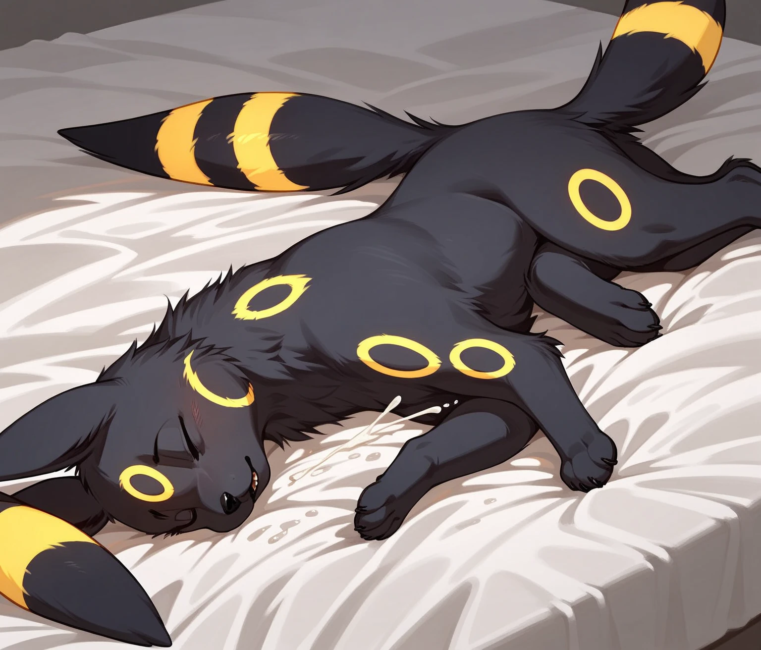 Solo, score_9,score_8_up,score_7_up, an anthro furry female Umbreon girl, bald, red sclera, black eyes, wearing loose white hoodie, white panties, cute pouting face, on a bed, hugging a pillow, in a bedroom