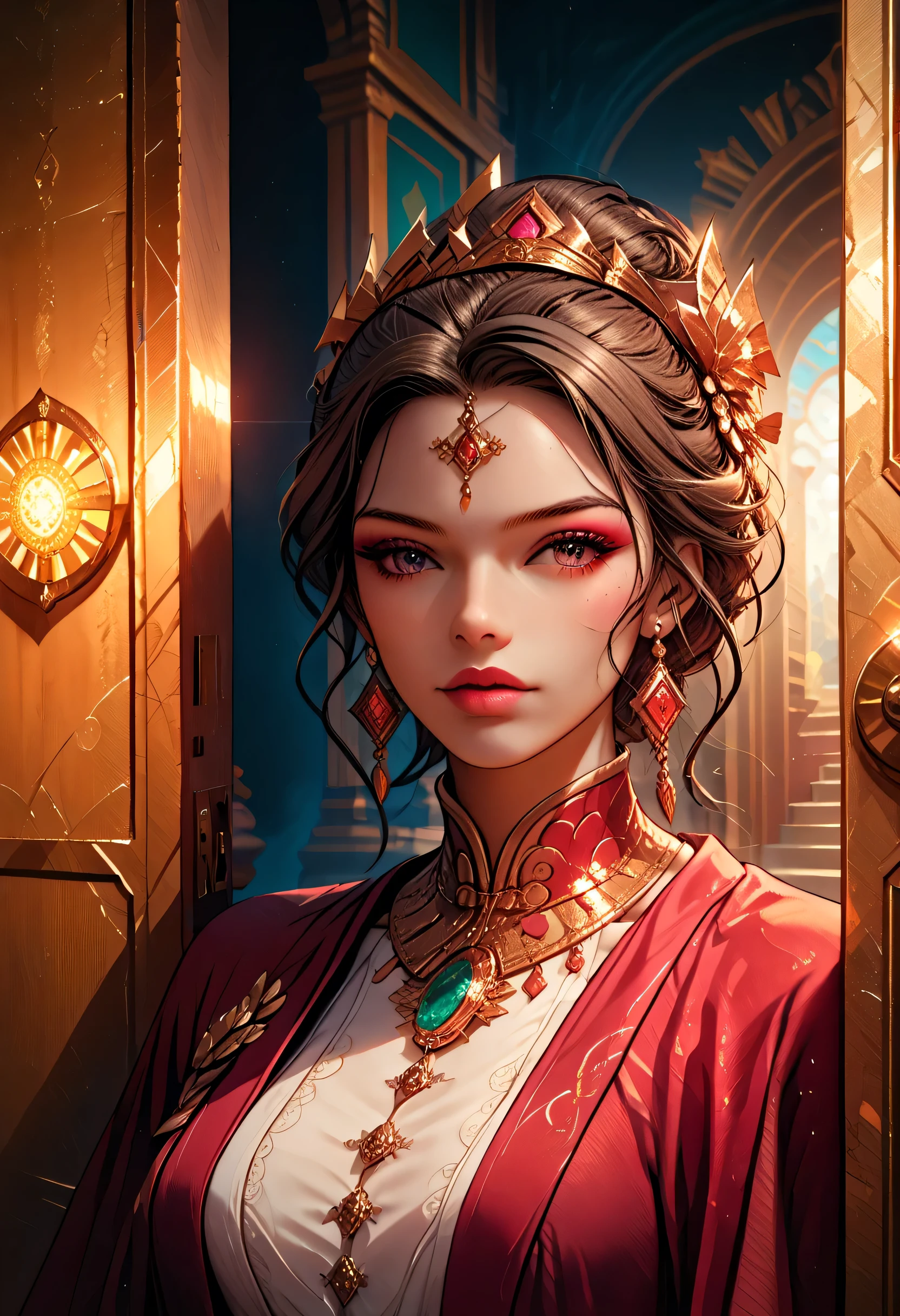 score_9, score_8_up, score_7, a picture of a sorceress sittings in her divine temple, opening a large (magical doorway: 1.4), with magical runes on it, looking into the (celestial heaven: 1.3), epic beautiful woman (best details, Masterpiece, best quality), ultra detailed face (best details, Masterpiece, best quality), dynamic hair, dynamic dress (best details, Masterpiece, best quality), divine temple, the magical doorway opens into celestial heaven and you can see there are heavenly clouds, distant stars, nebulas , glowing arcane sigils high details, best quality, 16k, masterpiece, best quality, (extremely detailed), (best details, Masterpiece, best quality), photorealistic, fantasy art, RPG art,, fantasy magical library background (best details, Masterpiece, best quality), dungeon and dragon, fantasy, intricate details