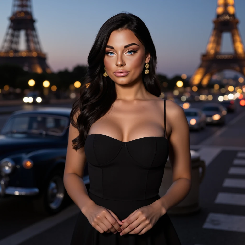 A woman with light brown hair , wearing short diamond-shaped earrings, poses confidently. She is dressed in a regular  gown adorned with intricate beadwork and sparkles. The background features blurred black panels with Eifel tower , suggesting a glamorous street view . Her makeup includes bold red lips and striking eye makeup, enhancing her sophisticated look.
