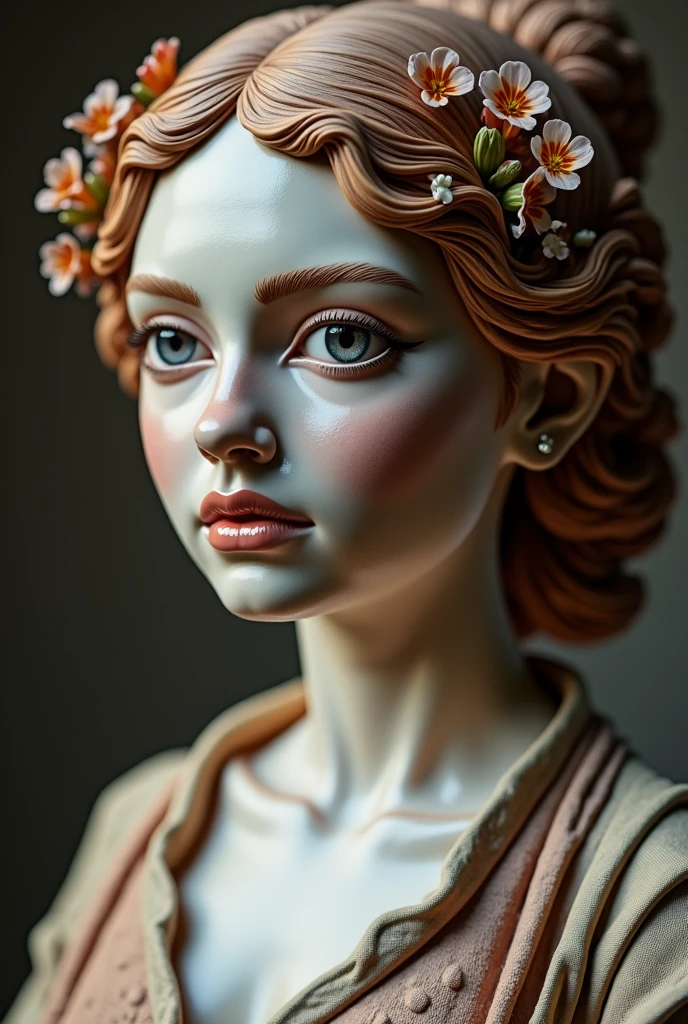 um close up de uma mulher segurando um busto de uma mulher, estilo de pintura super realista, estilo de pintura realista, inspirado em Alexandre Cabanel, inspirado em Stevan Dohanos, No estilo de arte de Bowater, Pintura realista, inspirado em Sandro Botticelli, efeito de pintura muito realista, inspirado em Pierre Auguste Cot, pintura fotorrealista, efeito de pintura realista