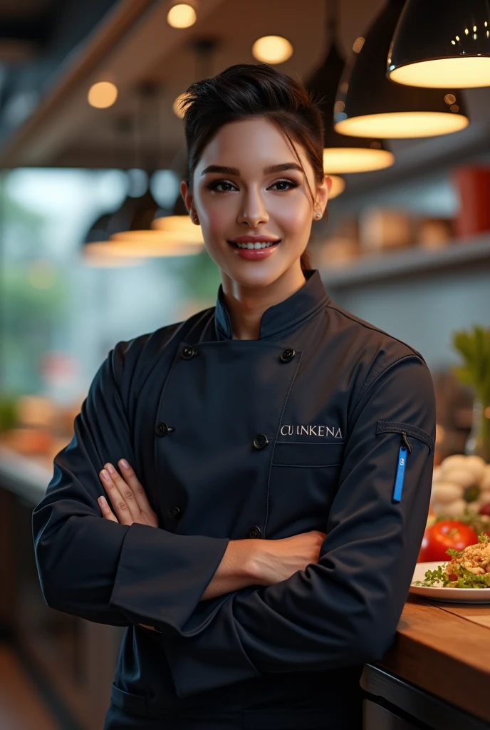A very beautiful chef, wearing black and blue chef's attire