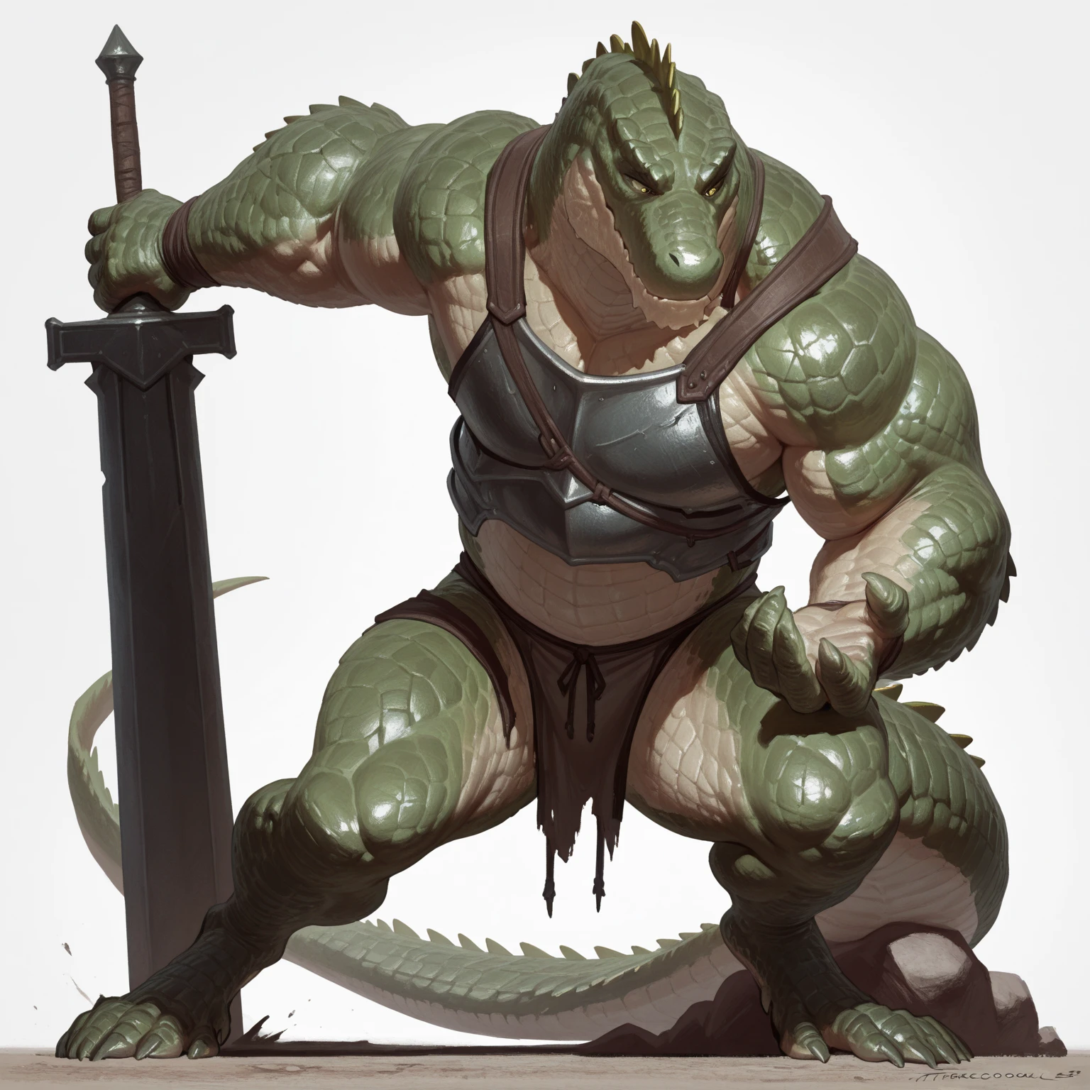masterpiece, best quality, amazing quality, anthro crocodile, muscular male, green scales, glossy scales, yellow eyes, musclegut, wide shoulders, holding greatsword, focused, white background, tattered armor, thick tail, lizard feet, ready stance, long snout, crouched back, large hands, monstrous feet