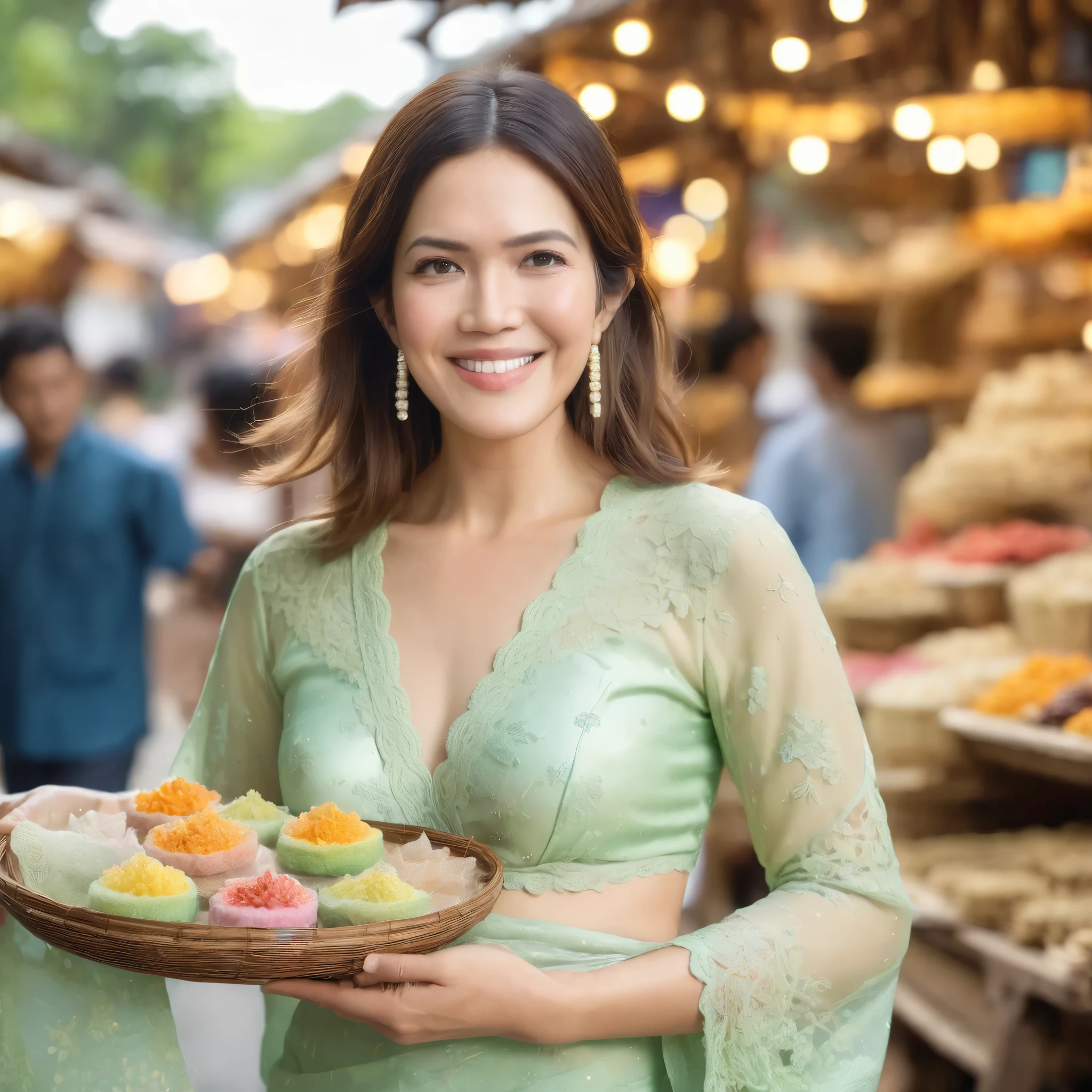 best quality, highres, 8k, masterpiece, photography, detailed midbody photorealistic portrait. Mandy Moore walks through Geylang Serai, wearing an elegant pastel green lace lingerie set inspired by the baju kurung, featuring a soft lace bralette with long lace sleeves, a sheer embroidered sarong-style skirt, and a delicate gold belt cinching the waist. Her hair is styled in flowing waves, partially covered by a soft lace shawl, and she accessorizes with pearl earrings and a woven rattan handbag. She is seen seated at a wooden stall, holding a plate of colorful Malay desserts, as the aroma of traditional kuih fills the air. 40 years old, (real skin texture: 1.3), (slender figure: 1.1), six-pack abs, (Immersive Ambience, Chiaroscuro: 1.5, Dim Light: 1.2, Glow Lighting), (Bokeh: 1.5), Blurred, high contrast, (Fuji colours: 1.5), film grain