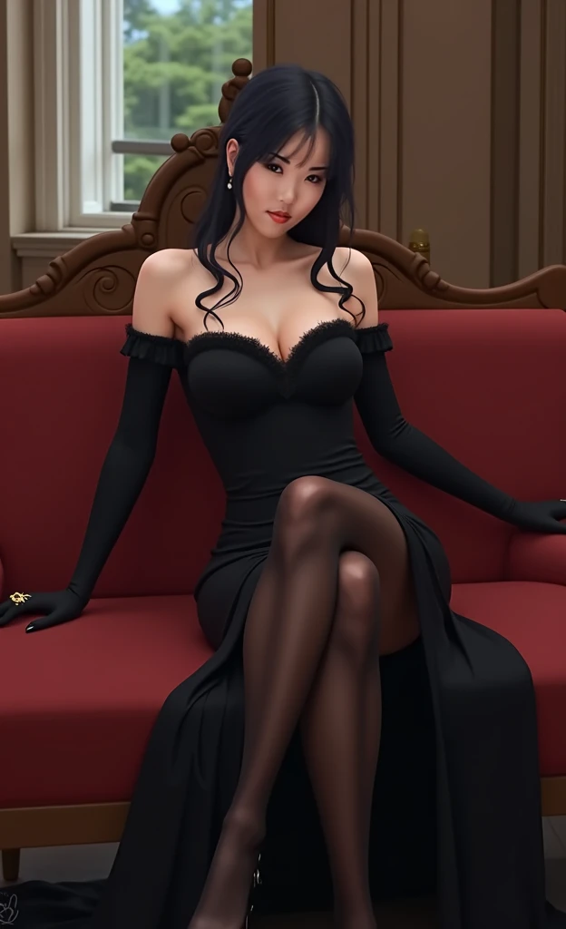 Sultry atmosphere, (Mature sexy woman), elegant attire, form-fitting dress, sheer black stockings, high heels, provocative pose, close-up face shot, bold red lips, seductive expression, smoky eyes, confident gaze, sensual touch, luxurious setting