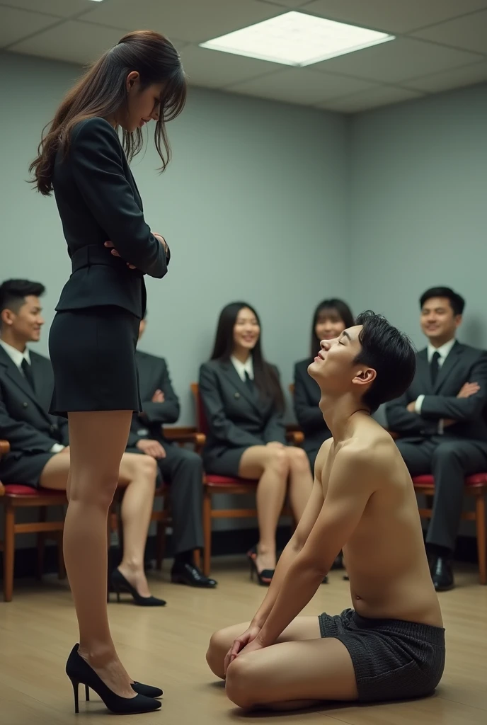 (masterpiece), best quality, ((old man in blue suit and black suit holds)) (((nude naked nude naked young asian teen girl who wears a paper crown and holds a book with logo on it and shouts))) and has short hair and has medium breast and nipple and vagina and earring and necklace and wristwatch , man students in the background, man students in the background, classroom setting, school classroom,