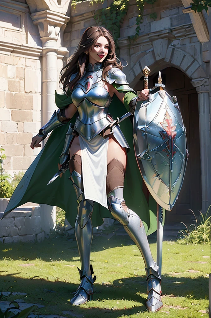 bold makeup, long eyelashes, sturdy armor,nature background,hyper detailed face, very detailed lips, Detailed eyes,full body picture,(The most luxurious and highest quality giant tiara:1.1),(Lots of jewelry:1.1),(elven warrior:1.1),elf ears,holding a sword,very pale skin,(tied black hair:1.2),asian,legs showing,green armor,plated armor,covered legs
