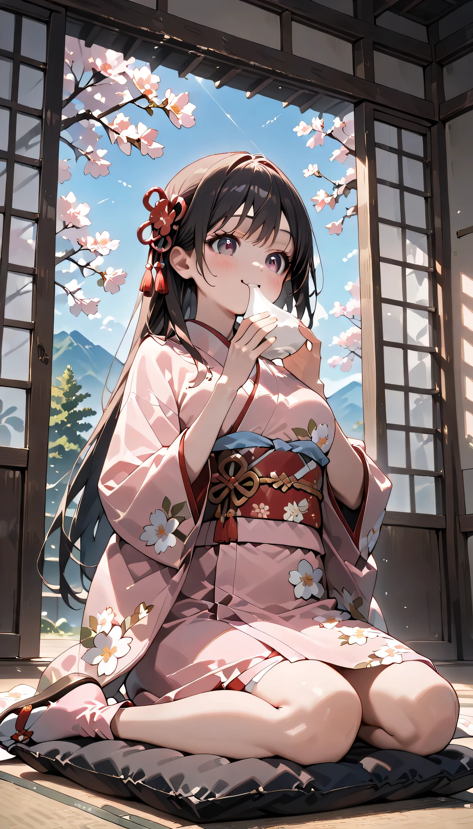 ((ultra-detailed)), (highly detailed CG illustration), (best quality:1.2), ultra-highly detailed, colorful composition, artistic photoshoot, 1girl, solo focus, ((upper body:1.4)), Japanese moe anime character, girl, dainty facial structure, (bab(round face), ((rounded chin:1.2)), ((ideal ratio body proportions)), celia-default, celia claire, (blue eyes), sparkle eyes, black hair color, long hair, half updo, ((smile:1.4)), ((happy:1.4)), ((joyful:1.4)), ((blush:1.4)), ((eating mochi:1.4)), ((mochi are threaded)), ((Soft mochi)), ((delicious:1.4)), ((pink ankle-length long furisode costume with gorgeous floral pattern:1.4)), ((red obi with golden decorations)), ((red Japanese ornate hairpin with golden decoration)), ample breasts, ((wariza)), ((seiza)), ((Sitting with a cushion on top of the tatami)), ((Japanese-style room with a view of the garden)), beautiful detailed sky, cherry blossom petals, cherry trees, row of cherry trees, breeze, petals dancing, low angle, expecting, pink cheek, blush, light pink gloss slip, portrait, depth of field, soft lighting, sidelighting, (shine), lighting, caustics, ray tracing, smile, perfect face, lustrous skin, highly detailed face, highly detailed eyes, perfect face, perfect nose, perfect hair, perfect eyes, perfect anatomy, beautiful hair, beautiful small face, extremely detailed face, beautiful detailed eyes, beautiful clavicle, beautiful body, beautiful fingers, 4 fingers, 1 thumb, lovely, (very detailed background:1.0), (highly detailed background:1.0), spring aesthetic, intricate details, solemn serene and respectful atmosphere, spring colors palette, chromatic aberration