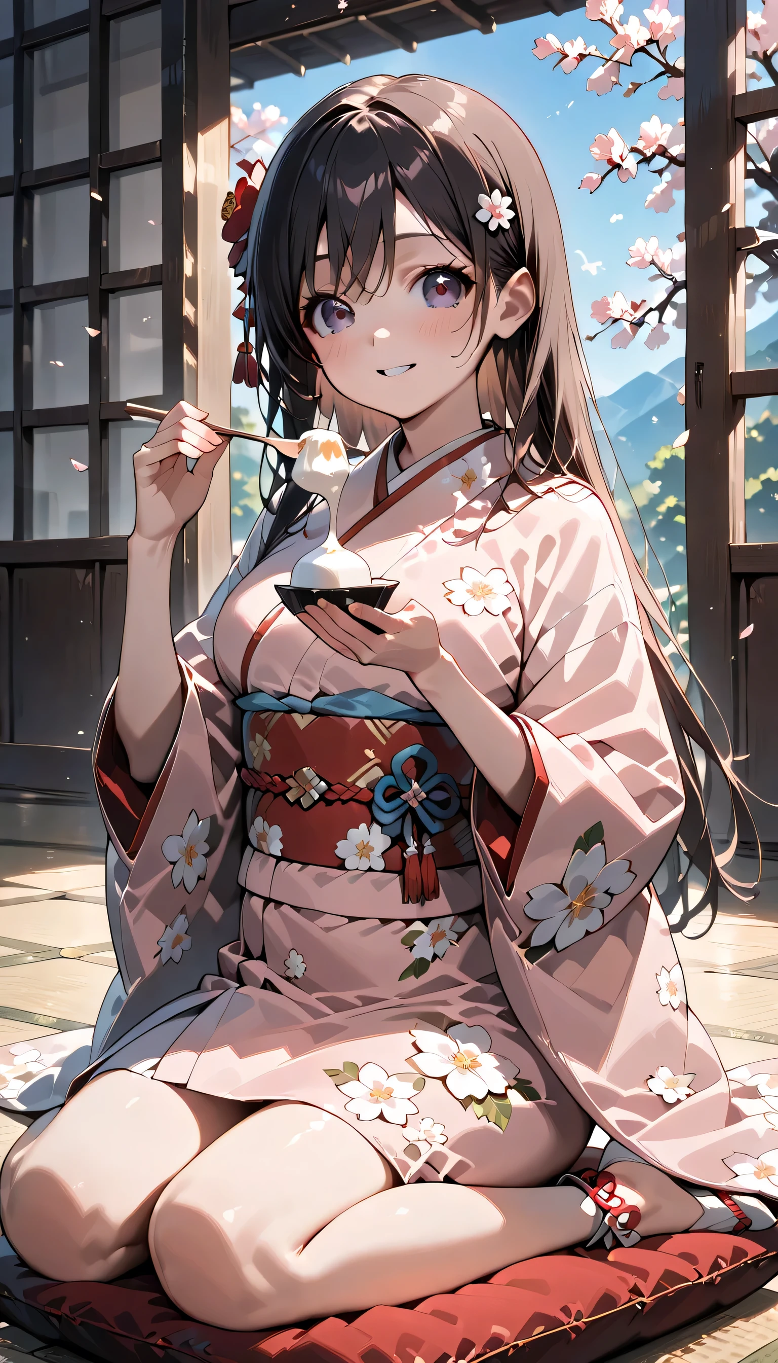 ((ultra-detailed)), (highly detailed CG illustration), (best quality:1.2), ultra-highly detailed, colorful composition, artistic photoshoot, 1girl, solo focus, ((upper body:1.4)), Japanese moe anime character, girl, dainty facial structure, (bab(round face), ((rounded chin:1.2)), ((ideal ratio body proportions)), celia-default, celia claire, (blue eyes), sparkle eyes, black hair color, long hair, half updo, ((smile:1.4)), ((happy:1.4)), ((joyful:1.4)), ((blush:1.4)), ((eating mochi:1.4)), ((mochi are threaded)), ((Soft mochi)), ((delicious:1.4)), ((pink ankle-length long furisode costume with gorgeous floral pattern:1.4)), ((red obi with golden decorations)), ((red Japanese ornate hairpin with golden decoration)), ample breasts, ((wariza)), ((seiza)), ((Sitting with a cushion on top of the tatami)), ((Japanese-style room with a view of the garden)), beautiful detailed sky, cherry blossom petals, cherry trees, row of cherry trees, breeze, petals dancing, low angle, expecting, pink cheek, blush, light pink gloss slip, portrait, depth of field, soft lighting, sidelighting, (shine), lighting, caustics, ray tracing, smile, perfect face, lustrous skin, highly detailed face, highly detailed eyes, perfect face, perfect nose, perfect hair, perfect eyes, perfect anatomy, beautiful hair, beautiful small face, extremely detailed face, beautiful detailed eyes, beautiful clavicle, beautiful body, beautiful fingers, 4 fingers, 1 thumb, lovely, (very detailed background:1.0), (highly detailed background:1.0), spring aesthetic, intricate details, solemn serene and respectful atmosphere, spring colors palette, chromatic aberration
