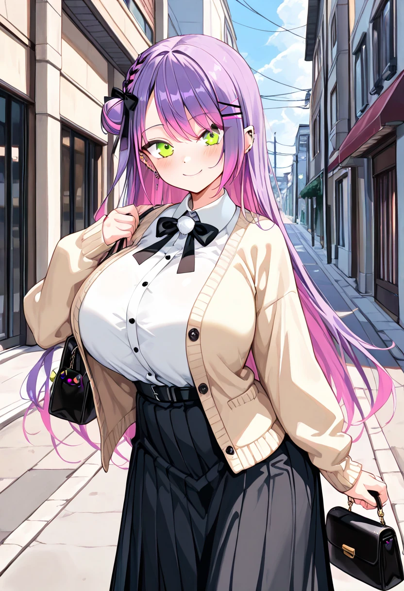 1girl, purple hair, purple eyes, long hair, ahoge, breasts, Striped collared shirt tucked into a pleated leather flared skirt, paired with ankle boots and a statement bag., Standing with one hand on the chest looking proud, Historical archive,Archival treasures, masterpiece, aesthetic, ,, <lora:hex_maniac_lycoris_dim16_alpha16_adafactor_1em4:1>, HEX_MANIAC,