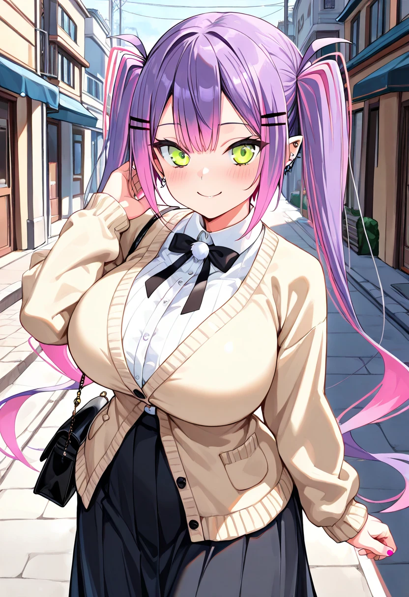Model shooting style, (masterpiece:1.3), (absurderes:1.3), (top-quality:1.3), (8K), (Masterpiece Digital Art), (Detailed Manga Illustration), (Handle Hair), perfect anatomia, (intricate-detail:1.3), (ultra-detailliert:1.3), (illustratio:1.3), (foco nítido:1.3), (vivd colour:1.3), 1girl in,Virtual Youtuber, Tokoyami Towa,独奏, (poneyTail), Side Ponytail,hair between eye, Girl with purple hair and green eyes.Floating hair, Removed shirt buttons、thighs thighs thighs thighs、Visible cleavage、through、de pele branca、with blush cheeks、Crystal clear white skin、Shining eyes,shinny hair、parka、dressed casually、In the street