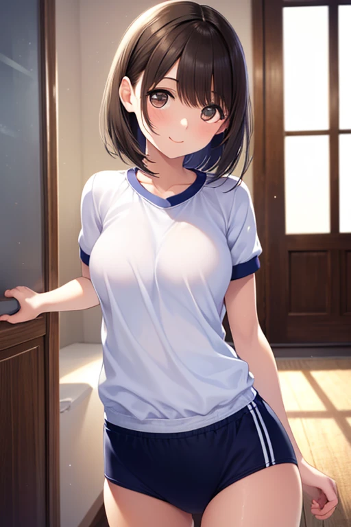  water splash,{{{{{{incontinence, I leaked a lot of pee, peed in front}}}}}},steam, sweat, gym uniform, standing at door, nsfw, perfect anatomy, cg, girl, solo, teenage