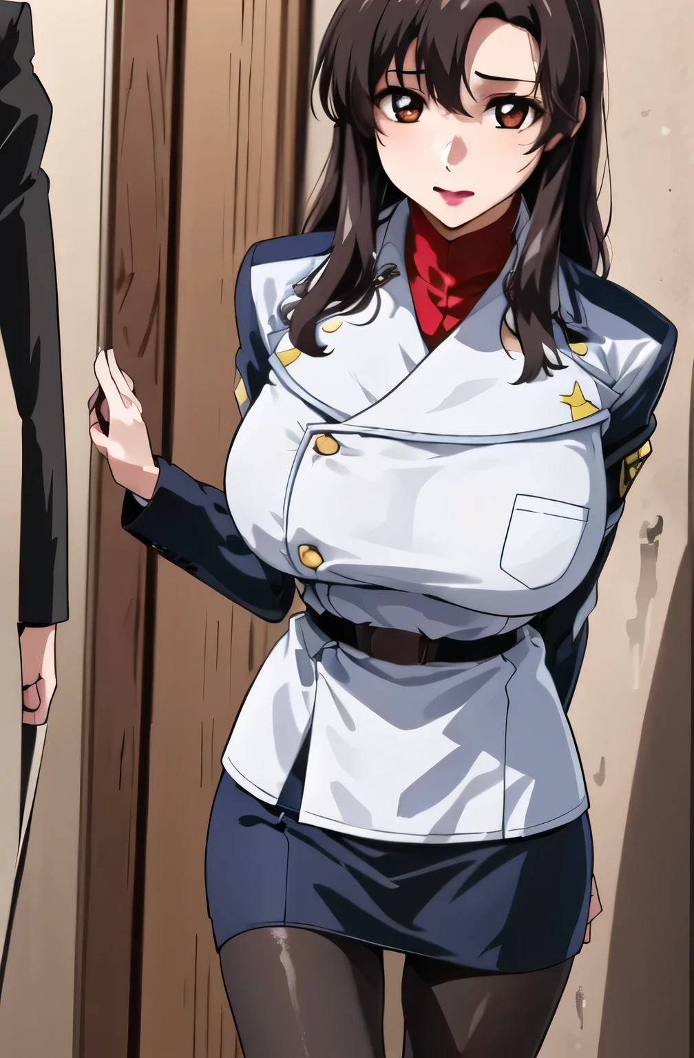 face more delicately,The skin on the jacket is hidden by the uniform,That's enough for me,draw an expression on the face even more delicately, simple background , Please draw big breasts even bigger breasts,My waist is thin even with big breasts,
military uniform, military, jacket, blue and white uniform ,Please draw a shorter micro skirt, my whole body, opens her legs ,
(black_ Elegant pantyhose :1.3),
Front hair,Tea color_hair, length_hair,red Eye ,lipstick, offset,
1 girl, I want to draw expressions even more delicately on a 40-year-old adult woman,, young woman ,beautiful Finger,beautiful length legs,beautiful body,beautiful Nose,beautiful character design, perfect Eye , perfect face,expressive Eye , perfect balance ,
,(Focus on her face), I closed my mouth , (Innocent_big_Eye :1.0),light_笑face,
official art, very well detailedCG 、 Unity 8K Wallpaper , Full light,colorful, bright _Front _face_lighting, white skin,
(masterpiece:1.0),(Highest_quality:1.0), ,4K,very well detailed,
photo shoot, 8k, High image quality, High image quality, absurd:1.2, Kodak Portra 400 , FILM GRAIN , Blurry Background, bokeh:1.2, lens flare , ( vibrant_color:1.2), Please draw the facial expressions of a professional photo shoot ,
(beautiful,huge_chest:1.4), (beautiful_face:1.5),(Narrow _ waist ),