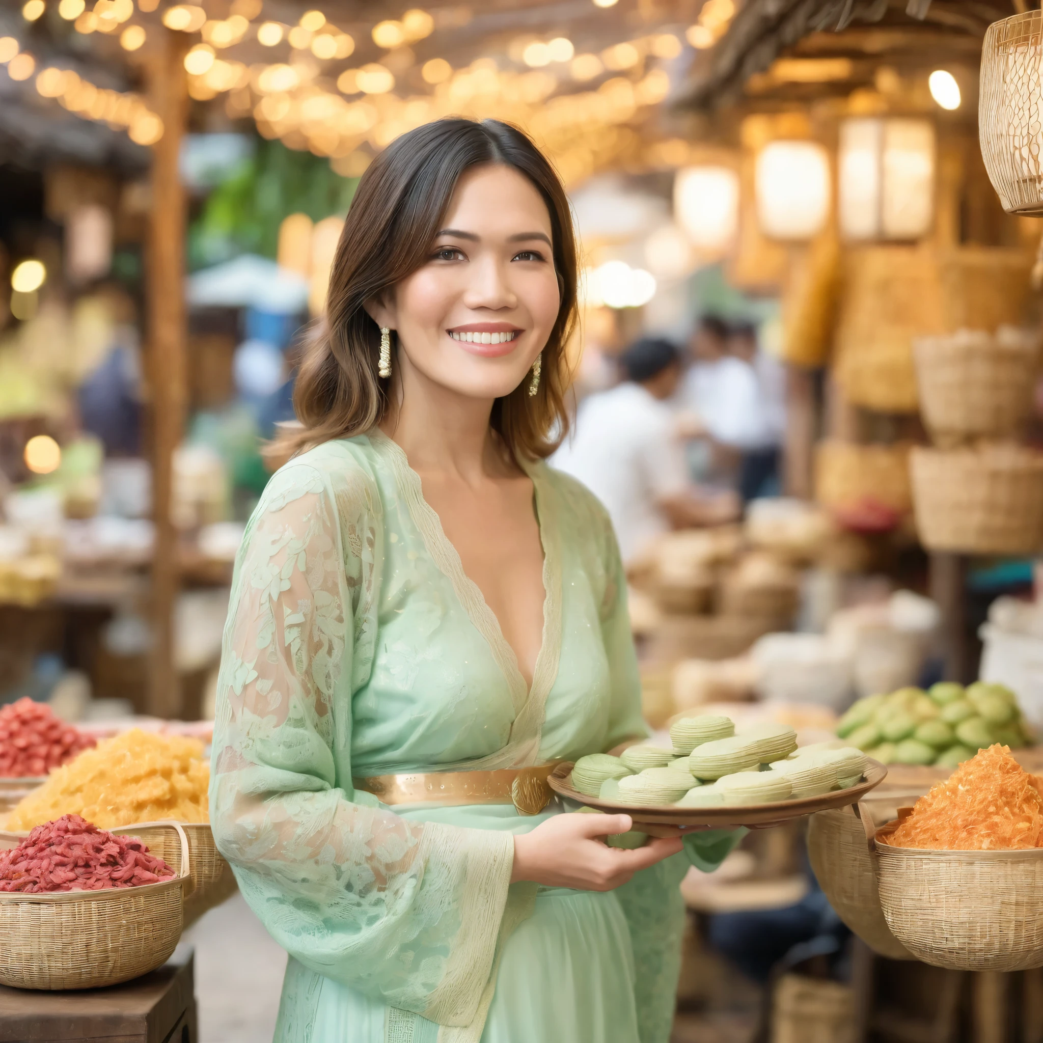 best quality, highres, 8k, masterpiece, photography, detailed midbody photorealistic portrait. Mandy Moore walks through Geylang Serai, wearing an elegant pastel green lace lingerie set inspired by the baju kurung, featuring a soft lace bralette with long lace sleeves, a sheer embroidered sarong-style skirt, and a delicate gold belt cinching the waist. Her hair is styled in flowing waves, partially covered by a soft lace shawl, and she accessorizes with pearl earrings and a woven rattan handbag. She is seen seated at a wooden stall, holding a plate of colorful Malay desserts, as the aroma of traditional kuih fills the air. 40 years old, (real skin texture: 1.3), (slender figure: 1.1), six-pack abs, (Immersive Ambience, Chiaroscuro: 1.5, Dim Light: 1.2, Glow Lighting), (Bokeh: 1.5), Blurred, high contrast, (Fuji colours: 1.5), film grain
