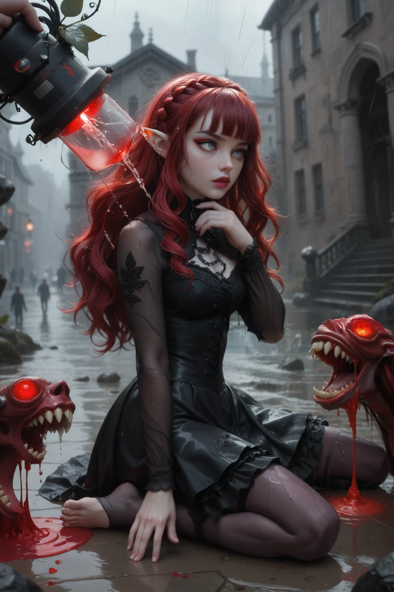 (Ultra-detailed face, Looking away, Gothic Illustration, Dark tone colors. She has five fingers on her hands and five toes on her feet.), BREAK
(The night sky was as stagnant as if ink had been poured over it. The rain is pouring down like thin silver needles. Ripples spread in puddles on the ground as the rain falls.), BREAK
(The dark elf wanderer turns his back to the center of the long, red, glowing oval sphere, which resembles a red silkworm cocoon the size of a building, twists his body, walks up to it, and opens the entrance to the portal as if drawing a curtain. The surface of the huge, red, glowing cocoon is covered with a haze, allowing a faint glimpse through to the other side of the portal. Beyond the portal, the world of chaos and the abyss unfolds.), BREAK
(She has crimson hair, crimson eyebrows, blunt bangs, very long, messy, wavy hair, small pink lips, pure white eyes, dark purple skin, thick eyeliner. Her hair is braided with colorful beads.), (She wears a pure white lace ribbon tie, a tight layered dress of pure white silk with black embroidered roses, several layers of fabric, and pure white pinwheels.)