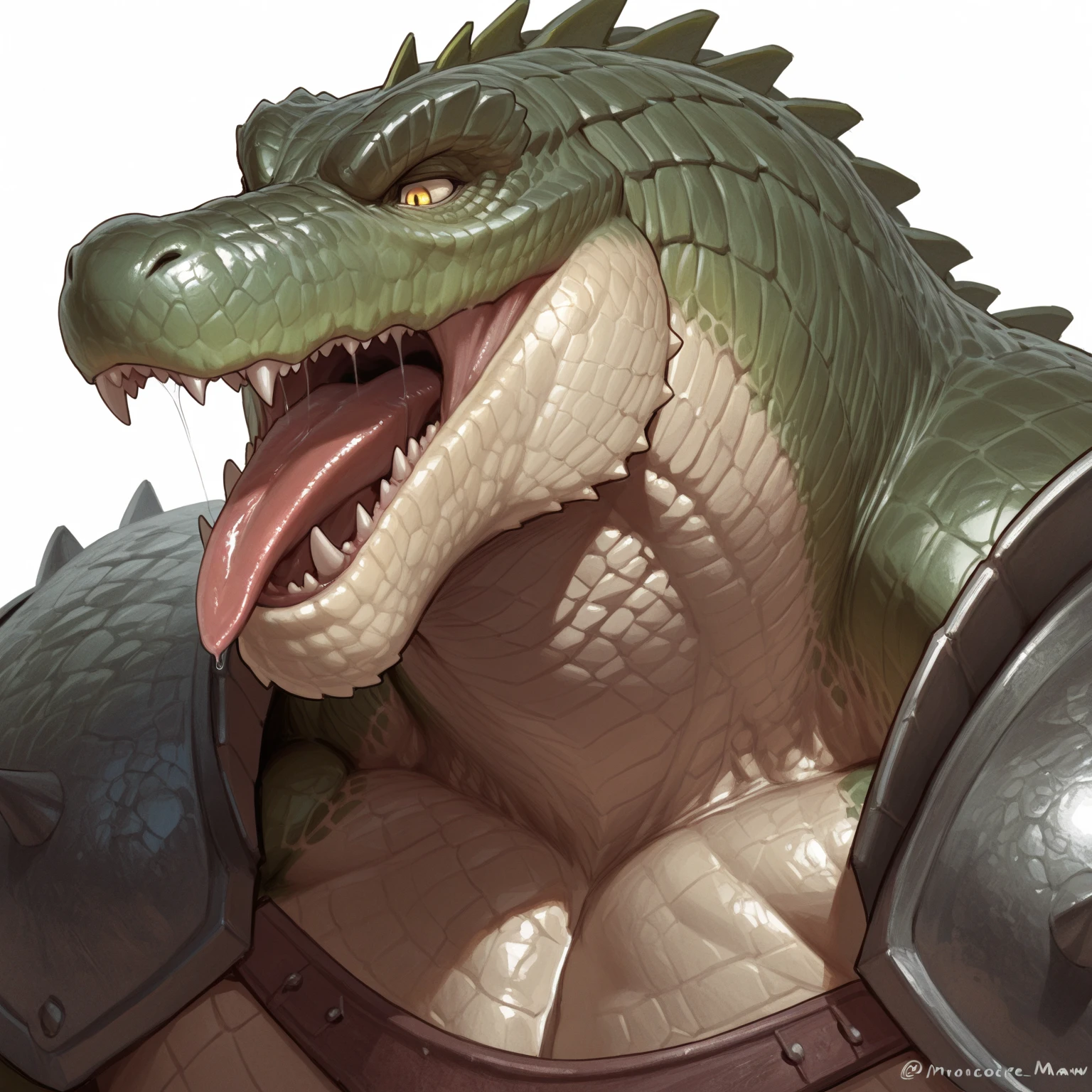 masterpiece, best quality, amazing quality, anthro crocodile, muscular male, green scales, glossy scales, yellow eyes, musclegut, wide shoulders, white background, long snout, open mouth, monster maw, head focus, tongue, licking, monster snout, simple iron barbarian armor