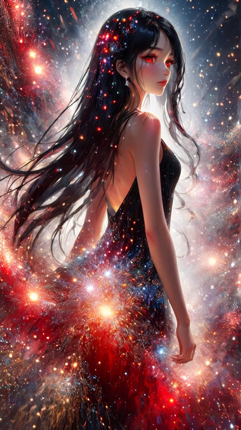 (The human body melts into particles of light:1.4), silhouette、Grains of light stretching across the screen, Colorful particles、Woman body silhouette、Farbe々なFarbeの星の背景、diego gisbert lawrence、Joe San Gonzalez Dan Mumford、Picture book illustrations、Psychedelic Art、Starry Sky、nebula、vague、superwide shot、Highest quality、Ultra-detailed、Intensive、Golden ratio composition、