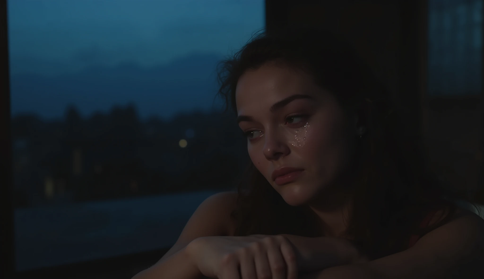 A beautiful young woman with a very sad expression, crying bitterly. Her eyes are full of tears and dripping down her cheeks. She sits alone by the window in the dim twilight, creating a melancholic atmosphere. Her hair is a little messy, her shoulders are shaking slightly, indicating that she is crying with great emotion. The blue and gray tones dominate the picture to enhance the atmosphere of sadness and silence." detailed facial features, dramatic lighting, cinematic composition, digital art, 8k, highly detailed, photorealistic, masterpiece, professional
