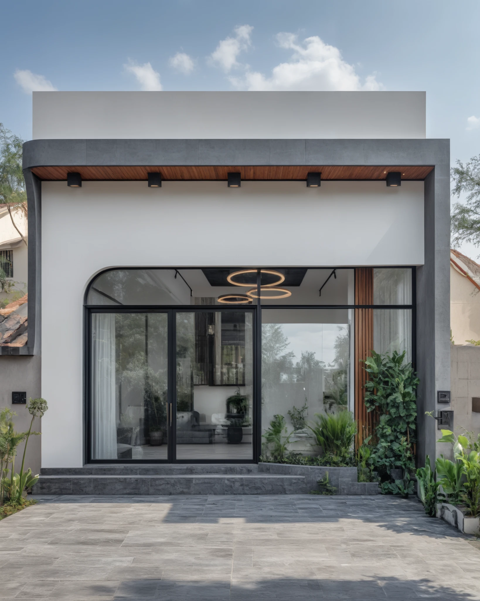 (masterpiece:1.2), best quality, photo of A two-story modern house with white walls and dark tiles on the roof, tree and plant, streetcapes, natural light, The exterior of an elegant single family home features large windows, a dark gray door frame.