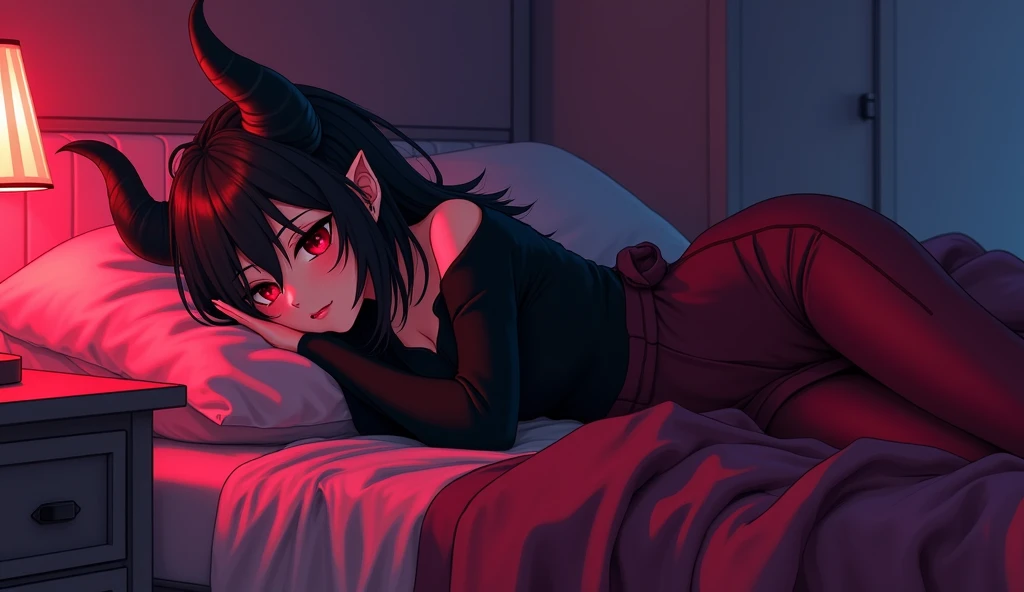 masterpiece, best quality, a portrait of meru, merunyaa, under covers, black hair, breasts, demon girl, demon tail, freckles, horns, mole, pointy ears, red skin, solo, orange eyes