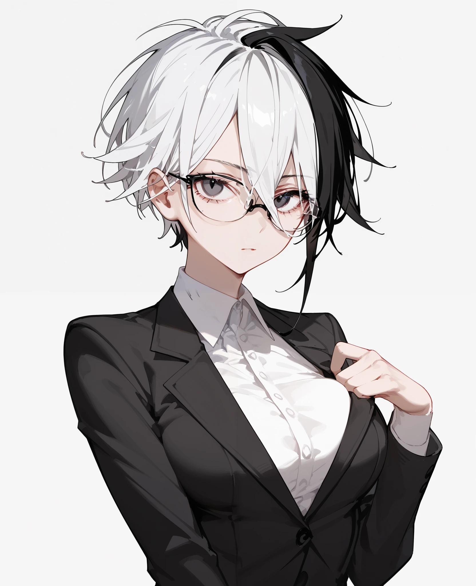 girl, two tone hair, white hair,Black tipped hair, in black eyes, short hair , Tomboy,slim,,Pointed eyes ,Pointy hair,Cool hair Bob ,slim,Tall,Black suit,milf, with glasses, long hair,E cup breast,