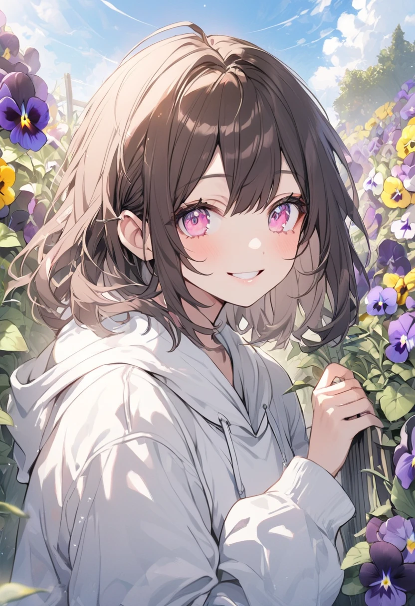 Green steppe,flower field,cosmos,fluffy hair,Multiple people,A dark-haired,white, brown, Purple, Light blue, and pinks,Autumn outfit,Bukabuka Long Sleeve Clothing,I'm glad I was able to jump as much as I could.,huge smile,I'm glad to drool,AHE Face,My face turns bright red with embarrassment,Chest is shaking,