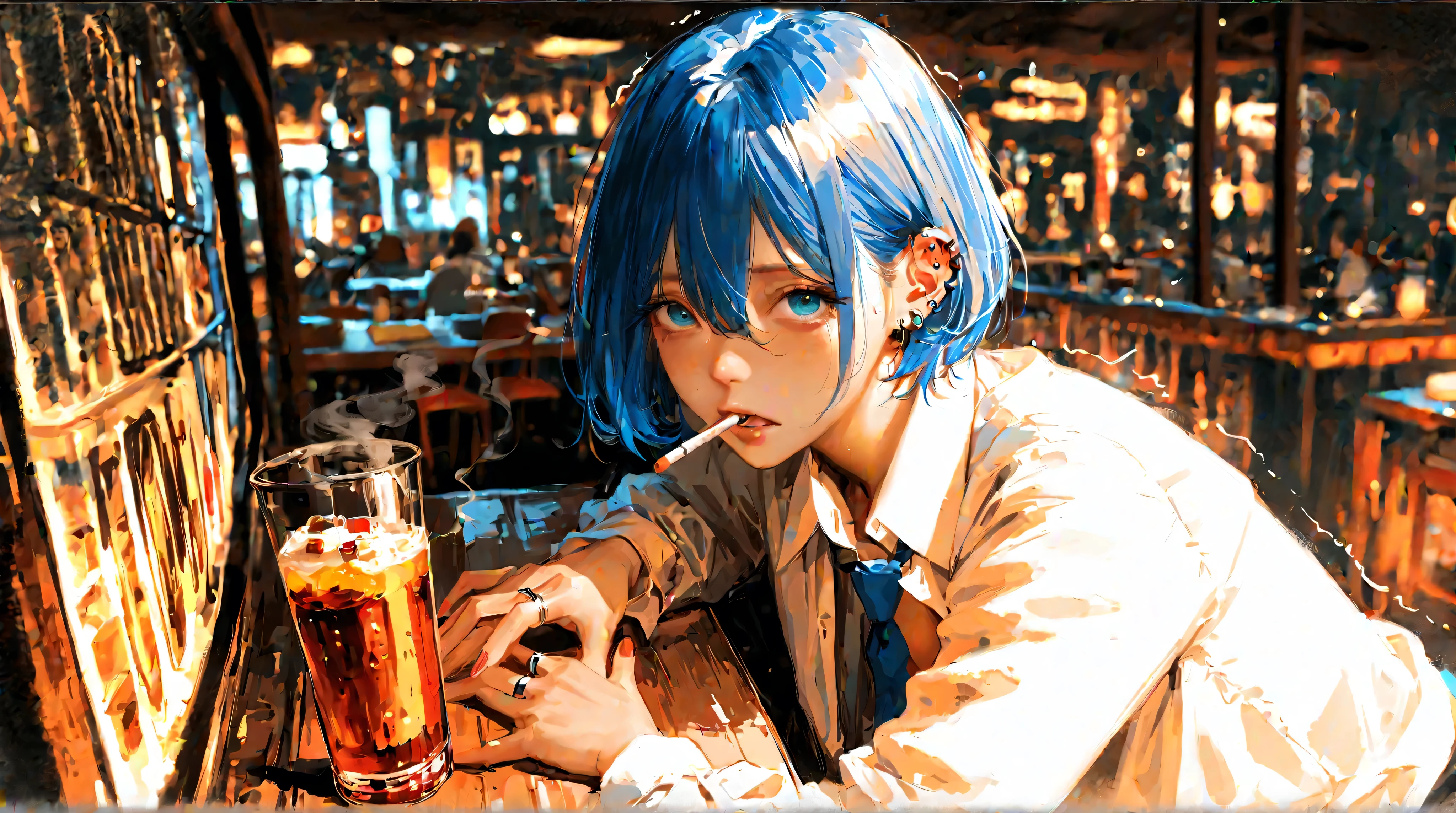 "Best quality, masterpiece, absurdres, newest, (atnr style, realistic), solo, bruises, jewelry, red bruises, earrings, 1girl, ring, shirt, textured multicolored background, fully blue hair, white shirt, looking at viewer, short hair, simple vivid textured background, bangs, collared shirt, single blue-colored hair, nail polish, blue eyes, piercing, eyelashes, upper body, ear piercing, long sleeves, blue hair, hair between eyes, open eyes, vivid theme, necktie, open shirt, fingernails, open clothes, streaked hair, hallucinatory state, dizzy expression, unfocused gaze, blurry vision, eerie lighting, neon café lights reflecting on skin, a digital illustration in an anime style, featuring a shot of a young woman sitting weakly in a dimly lit café, her body slightly slumped, her legs visible, weakly spread out, struggling for balance, her pale skin marked by fresh bruises and red pressure spots, her hands resting lightly on her lap or gripping the edge of a table, trembling slightly.

Her blue hair clings to her damp skin, strands tangled as if she has been sweating or struggling, her eyes dilated, reflecting the flickering neon lights above, a mix of confusion, fear, and surreal euphoria in her gaze. The background warps and bends, as if reality itself is shifting, a mix of colorful café lights, abstract figures, ghostly reflections in glass, and strange floating shapes, evoking a sense of unreality and hallucination.

The air feels thick, a mixture of cigarette smoke, spilled drinks, and a lingering, unfamiliar scent, the faint neon buzz merging with the muffled sounds of distant conversations. The background is richly textured, multi-colored, impressionistic yet detailed, ensuring the focus remains on her dazed, fragile expression. The illustration is highly detailed, with subtle brushstrokes that add texture and depth to the composition, a surreal yet intensely emotional scene, blending soft, dreamlike serenity with an underlying sense of distress and danger.