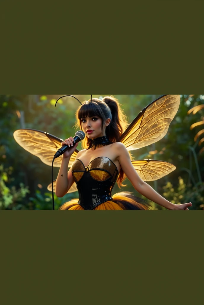 cinematic uhd movie still, sexy girls in (bee costumes:1.3) dancing with Batman <lora:batman 1989:1>, in  a colorful flower garden