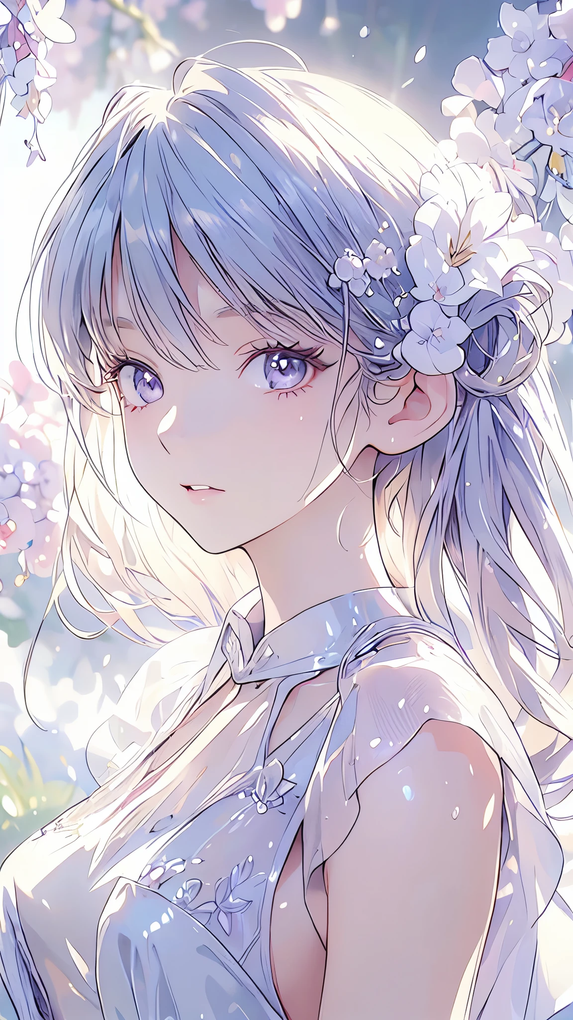 (High resolution, accurate, Best Quality, Anatomically correct, masterpiece, 8k, 16k, Wallpaper), Wisteria-themed artwork, Cinematic Light, High Contrast, Written boundary depth, sharp, beautiful, Strong brilliance, Detailed Background, One Girl, cute, fine grain, Shining Eyes, Detailed Iris、