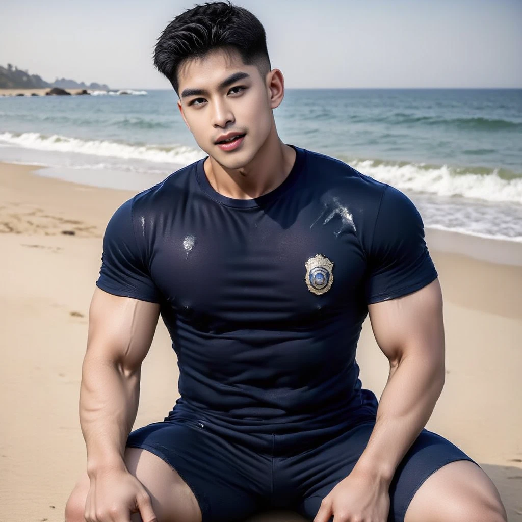 Masterpiece, Best Quality, Solo, Korean Men, Whole body, Beach background, bodybuilder, Muscular body, big muscle, Natural eyes, Short and delicate hair, Sexy Man, looking up at viewer, Men's Swimwear, Large protrusions, Erection, standing, Muscular posture