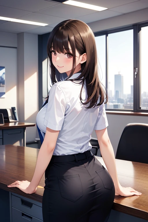 ((highest quality)), ((masterpiece)), (Get used to it), Perfect Face, Japan dark-haired person、28-year-old female,Bust isfcup,Dress code:White suit,Roll up your tight miniskirt halfway,called,look back,big,Stick out your bare buttocks,Laugh shyly,Location:Day Office,One Woman
