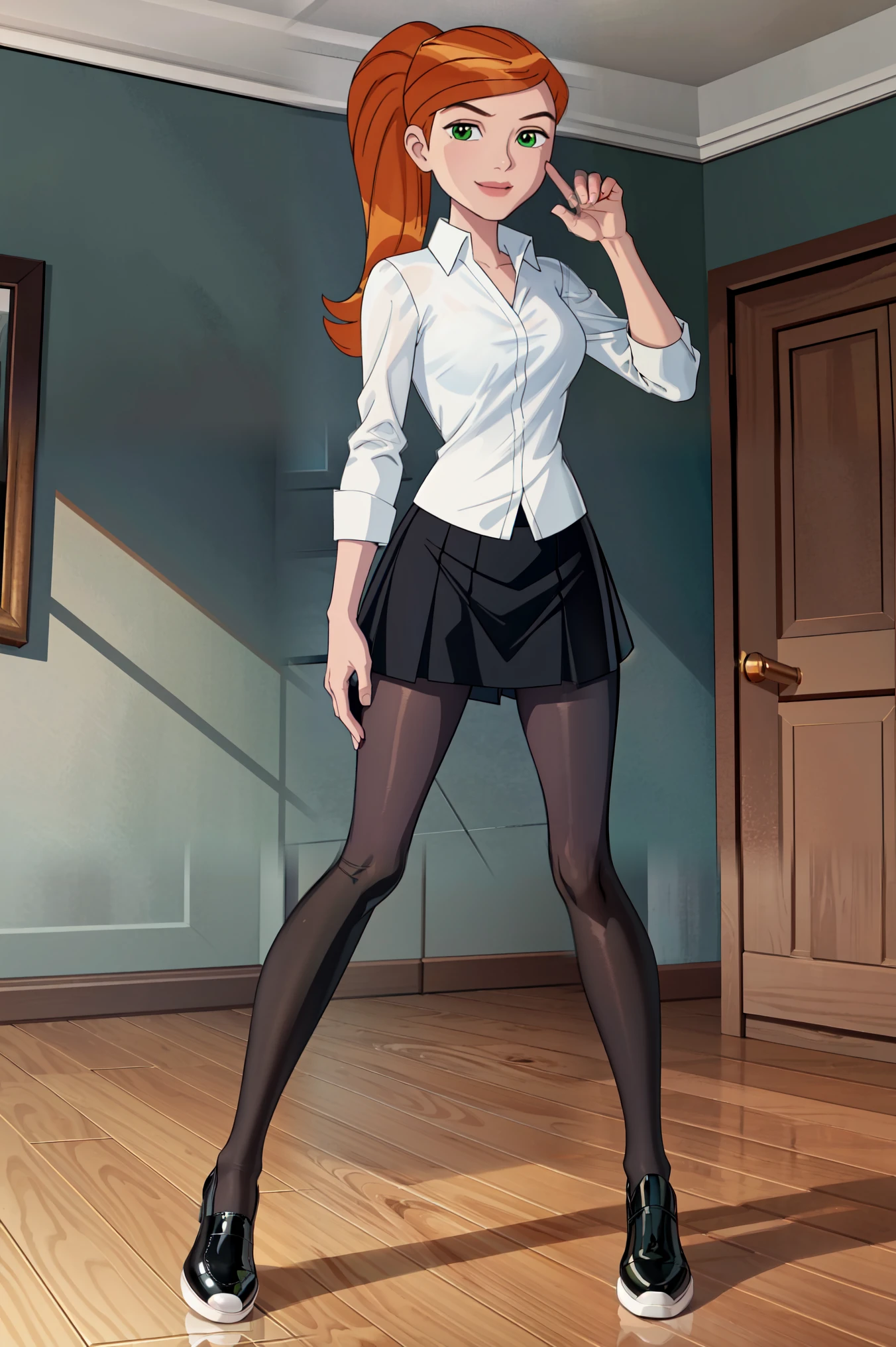 1 girl,(solo), (masterpiece:1.2), (high quality:1.0),looking at viewer, (ultra detailed),smile,pony tail,orange hair, green eyes, Gwen Tennyson, blue and white sweet shirt cat logo,black short skirt, (front view) medium body,full body view,seduing pose, standing in a room with a big mirror,legs toward the viewer, extremely detailed legs,black transparent leggings(ultra detailed),perfect home look,putting legging on legs,(masterpiece:), best quality, high resolution, unity 8k wallpaper, (beautiful detailed eyes:), extremely detailed face, perfect lighting, extremely detailed CG, (perfect hands, perfect legs,perfect anatomy), extremely detailed