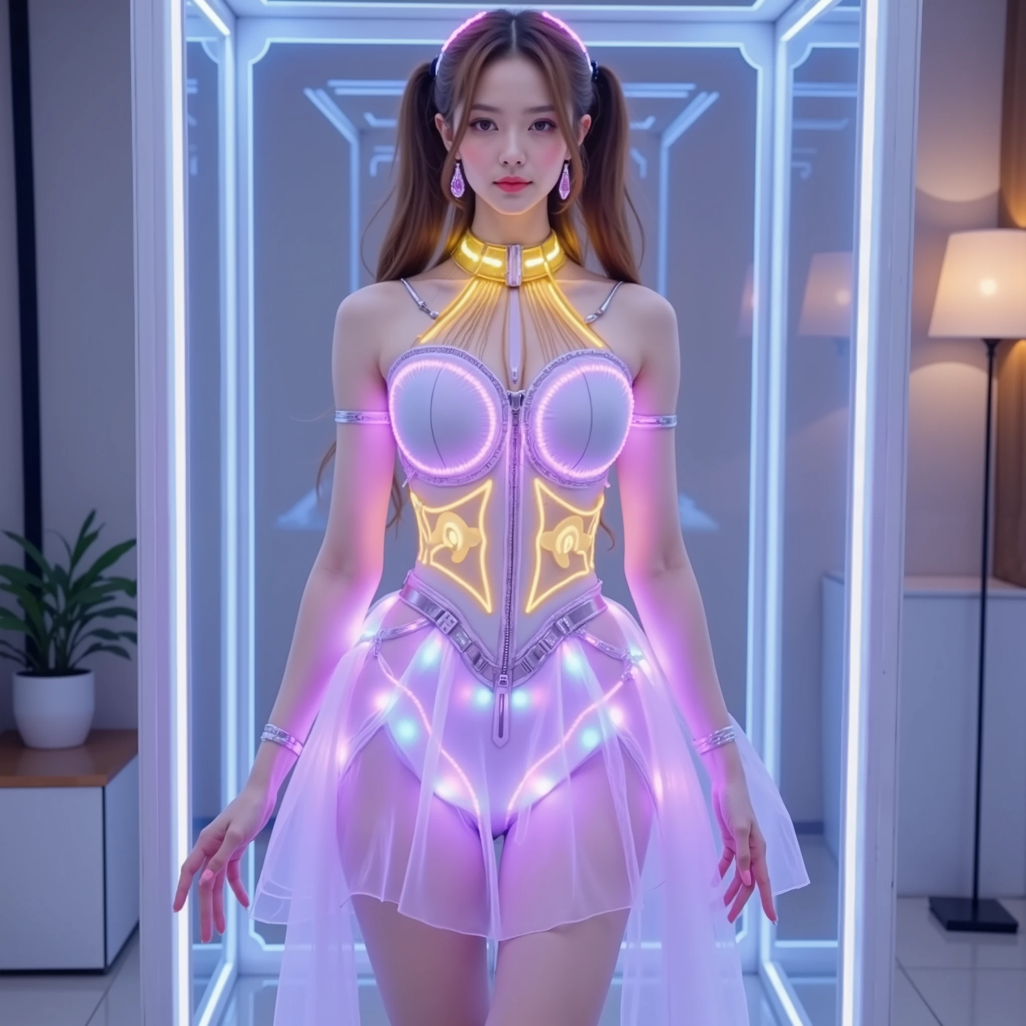 a stunning cyberpunk style girl God,wearing a neon pink LED dress(dynamic gradient lighting effects),in a futuristic Mechanical dance performance in a glass cube room。 Clothing Details :translucent silicone material shows radiance to the skin,skirt inlay programmable LED matrix(RGB lighting cycle mode),metallic decorative lines。scene element:holographic projection interface surrounds,laser mesh reflects neon on the ground,fluorescent particles in the air。Description of the movement :body swings left and right in a wave style,hair floats with electromagnetic effects,fingertips release halo trajectory。Ultra HD 8K rendering,Realistic skin texture,Cinematic lighting and shadow effects, Unreal Engine style ,volumetric fog creates a technological atmosphere。