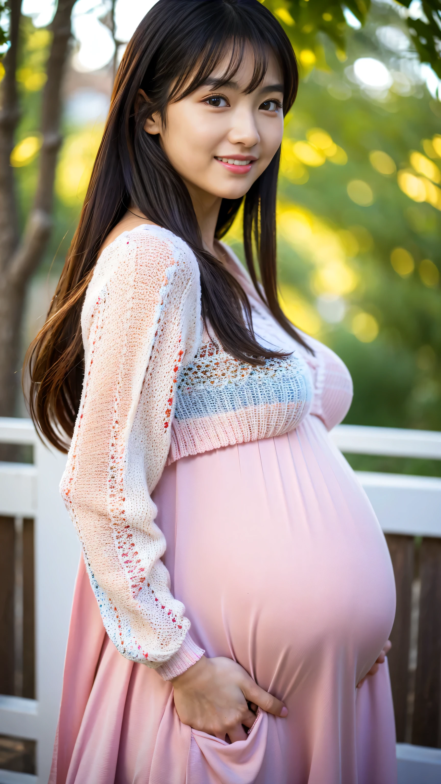 Best-quality, Masterpiece, Ultra-High-Resolution, (Photorealistic:1.4), Raw-Photo, Extremely-Details, Perfect-Anatomy, 1girl, the most famous Japanese actress, cowboy-shot, upturned hip, looking at viewer, beautiful smile, wearing only very tight and long-sleeve colorful knit-dress with cute design, detailed extremely beautiful face like a most popular Japanese actress, detailed extremely beautiful big black solid circle eyes, detailed extremely beautiful hair, detailed extremely beautiful realistic skins, detailed extremely beautiful hip, detailed extremely beautiful big breasts, ((huge pregnant)), detailed extremely beautiful body, detailed extremely beautiful thighs, detailed very tight and long-sleeve colorful knit-dress with cute design