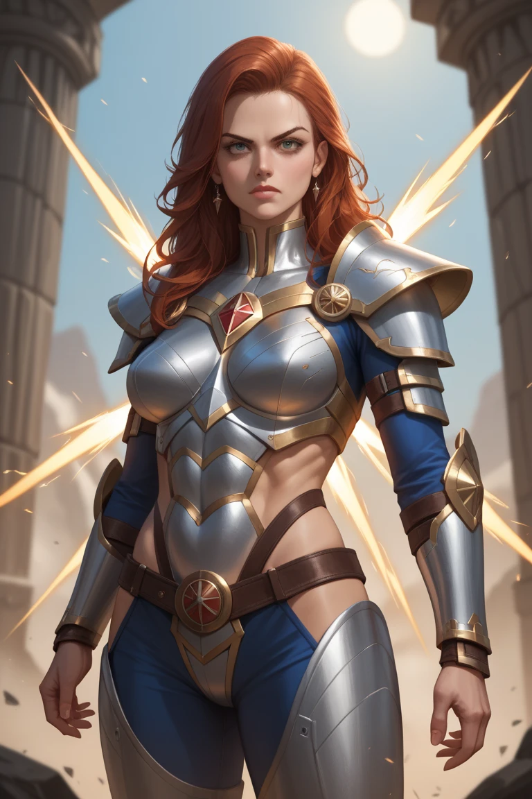 ((Jennifer Garner from Alias TV series)), ((Red hair)), ((Angel warrior princess)), ((angelic armor)), ((holding angelic shield with lightning)), masterpiece, best quality, ((realistic)), ((1 person)), 8K picture quality, ((defined muscles)), ((camel toe)), ((cameltoe)), magnifica, Official art with attention to detail, Ridiculous, unbelievable Ridiculous, huge filesize, ultra-detailliert, highly detailed, (Pretty Woman), (Detailed and muscular woman), ((Perfect female figure)), Slim waist, Cover your chest with your hands, (tattoos all over body)), With a powerful presence, Her body is decorated with a unique blend of abstract and realistic designs, Digital Art, Altgerm, hyperdetails, Top Fade, Cowboy Shot, Dark Fantasy,