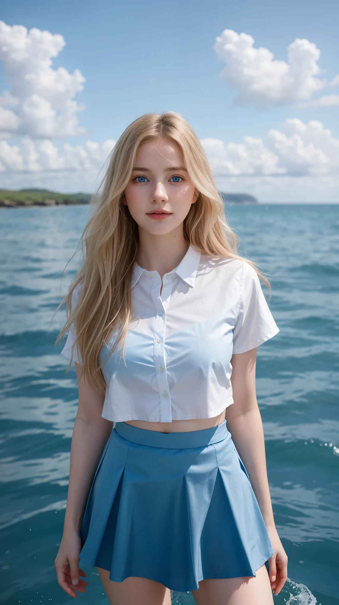 Best quality,masterpiece,ultra high res,(photorealistic),raw photo,1girl,skinny,upper body,solo,realistic,looking at viewer,bokeh background,(blue_Vertical-striped_shirt:1.2),red_vertical-striped_long skirt,outdoor,clouds,on the luxury boat,white blonde long hair,jewelry,bracelet,(small breast:1.3),(shoulder),belly,(Navel:1.3),(front),(armpit:1.3),<lora:makina69_winter_v5.0.gold:1>,<lora:add_detail:1>,